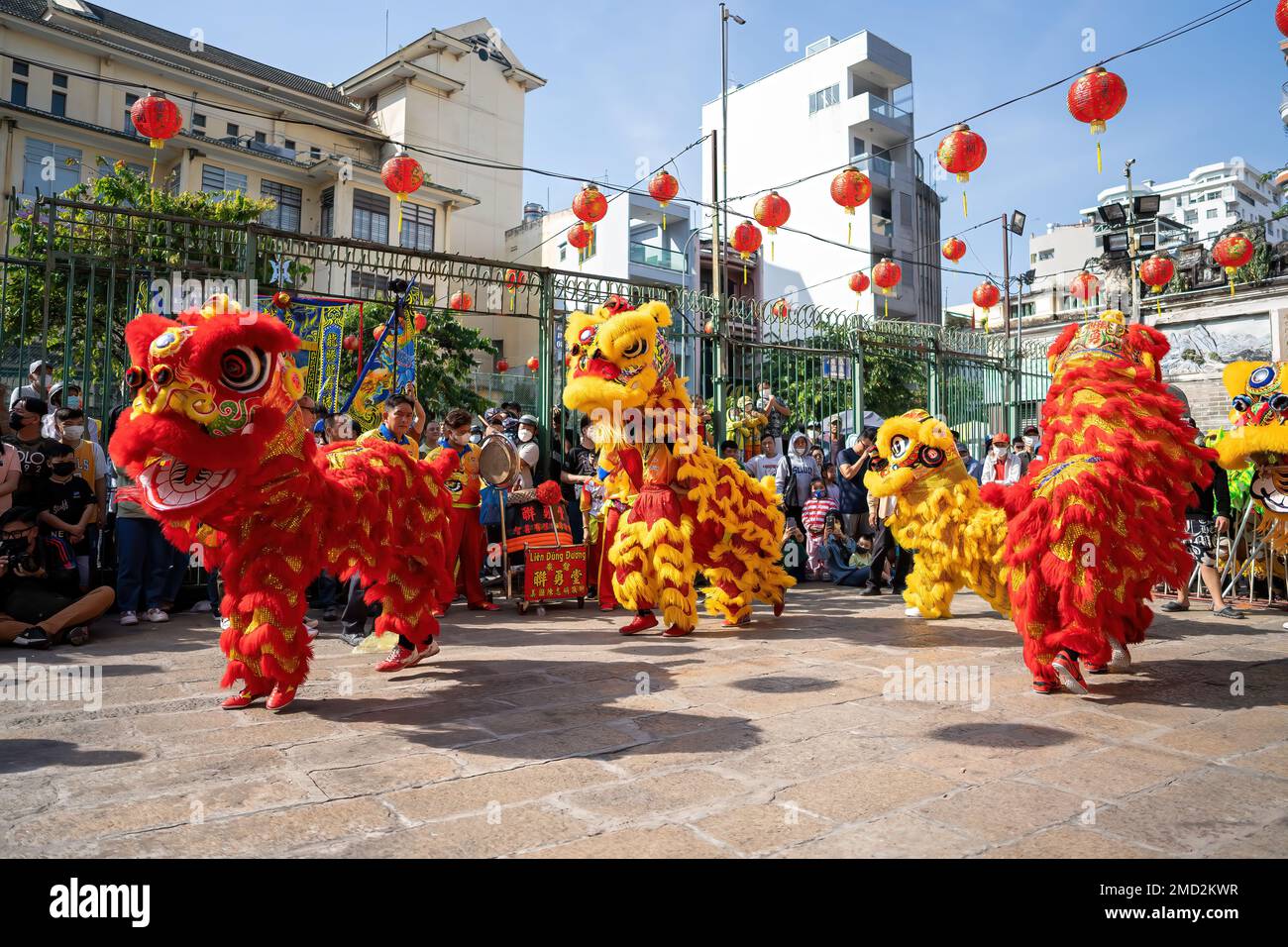 Ho Chi Minh city, Vietnam 21 Jan 2023 Dragon and lion dance show in
