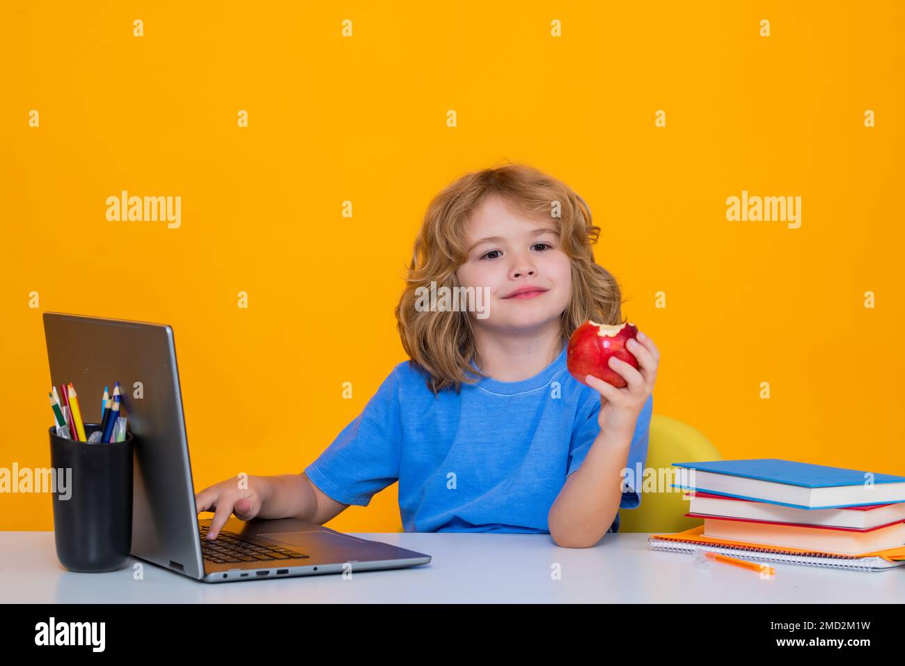 School kid 7-8 years old with book go back to school. Little student. Education concept. Stock Photo