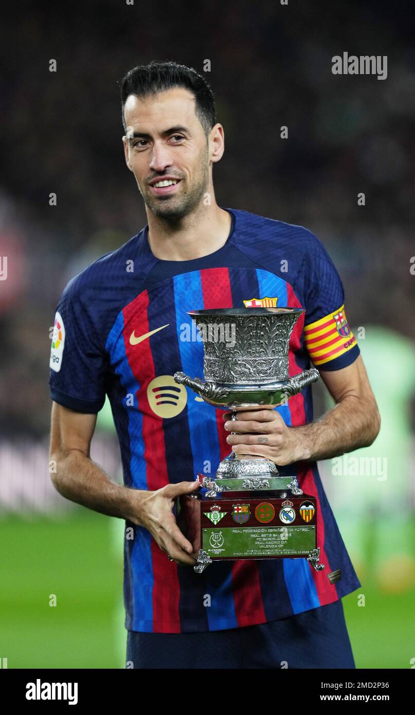 Barcelona, Spain. 22nd Jan, 2023. Sergio Busquets of FC Barcelona with the  Spain Super CupTrophy during the La Liga match between FC Barcelona and  Getafe CF played at Spotify Camp Nou Stadium
