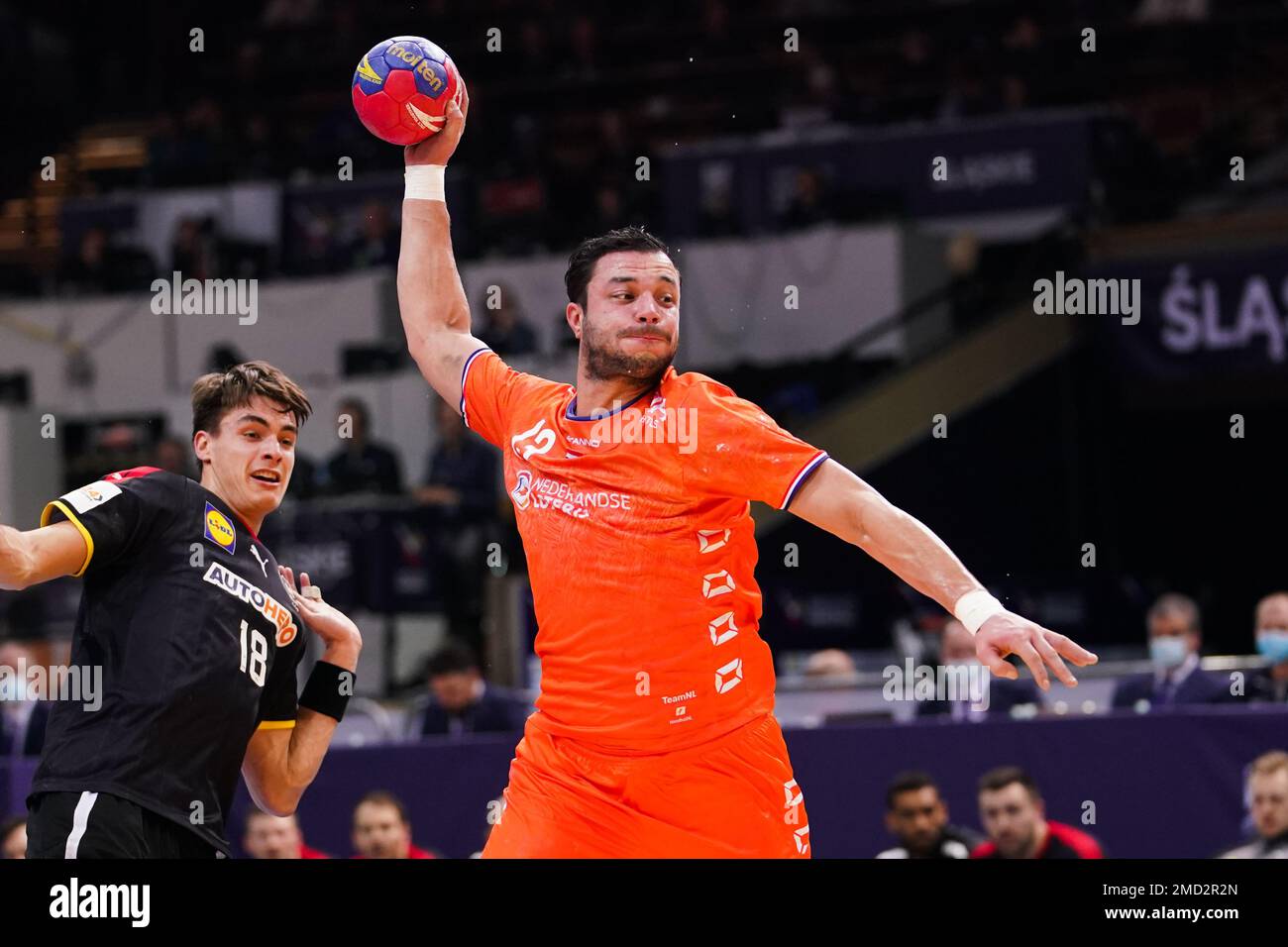 KATOWICE, POLAND - JANUARY 21: Samir Benghanem of The Netherlands, Johannes Golla of Germany during the IHF Men's World Championship - Main Round Group III match between Netherlands and Germany at Spodek on January 21, 2023 in Katowice, Poland (Photo by Henk Seppen/Orange Pictures) Stock Photo