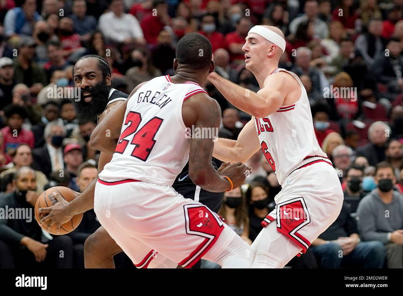 Brooklyn Nets James Harden left reacts as he is pressured by