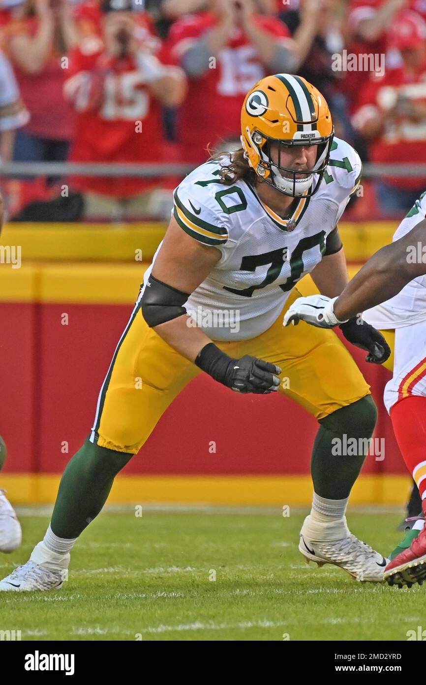 Green Bay Packers guard Royce Newman (70) gets into position to block ...