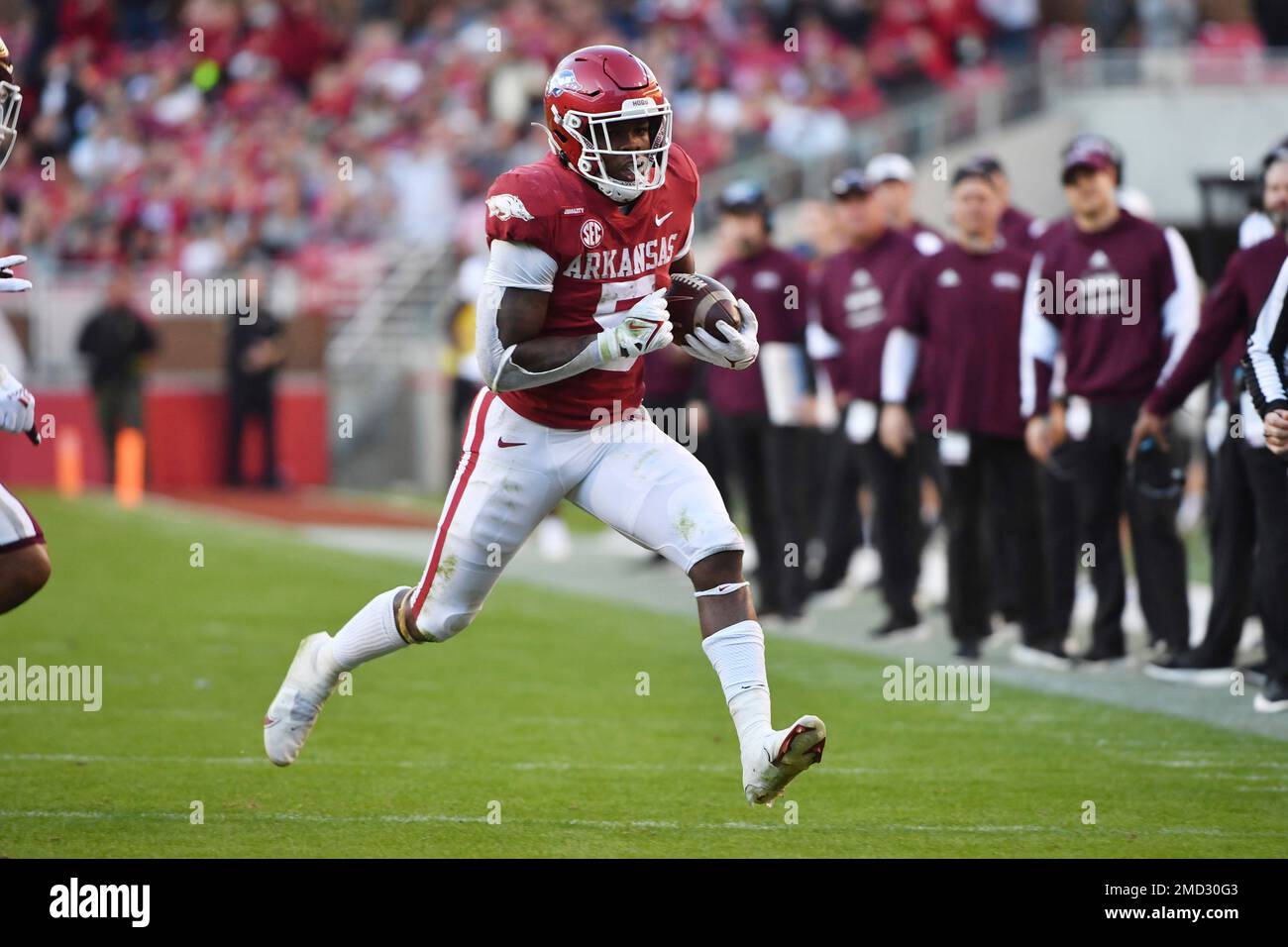 Arkansas running back Raheim Sanders (5) runs the ball against