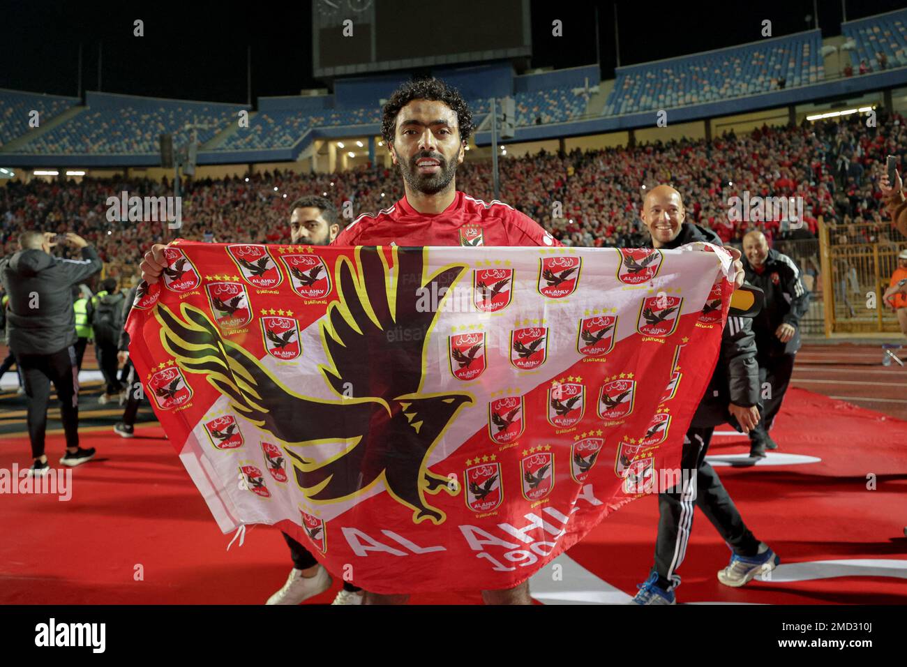 CAIRO, EGYPT - 21 JANUARY. Hussein El Shahat of Al Ahly celebrates after winning the Egyptian Premier League derby match between Zamalek SC and Al Ahl Stock Photo