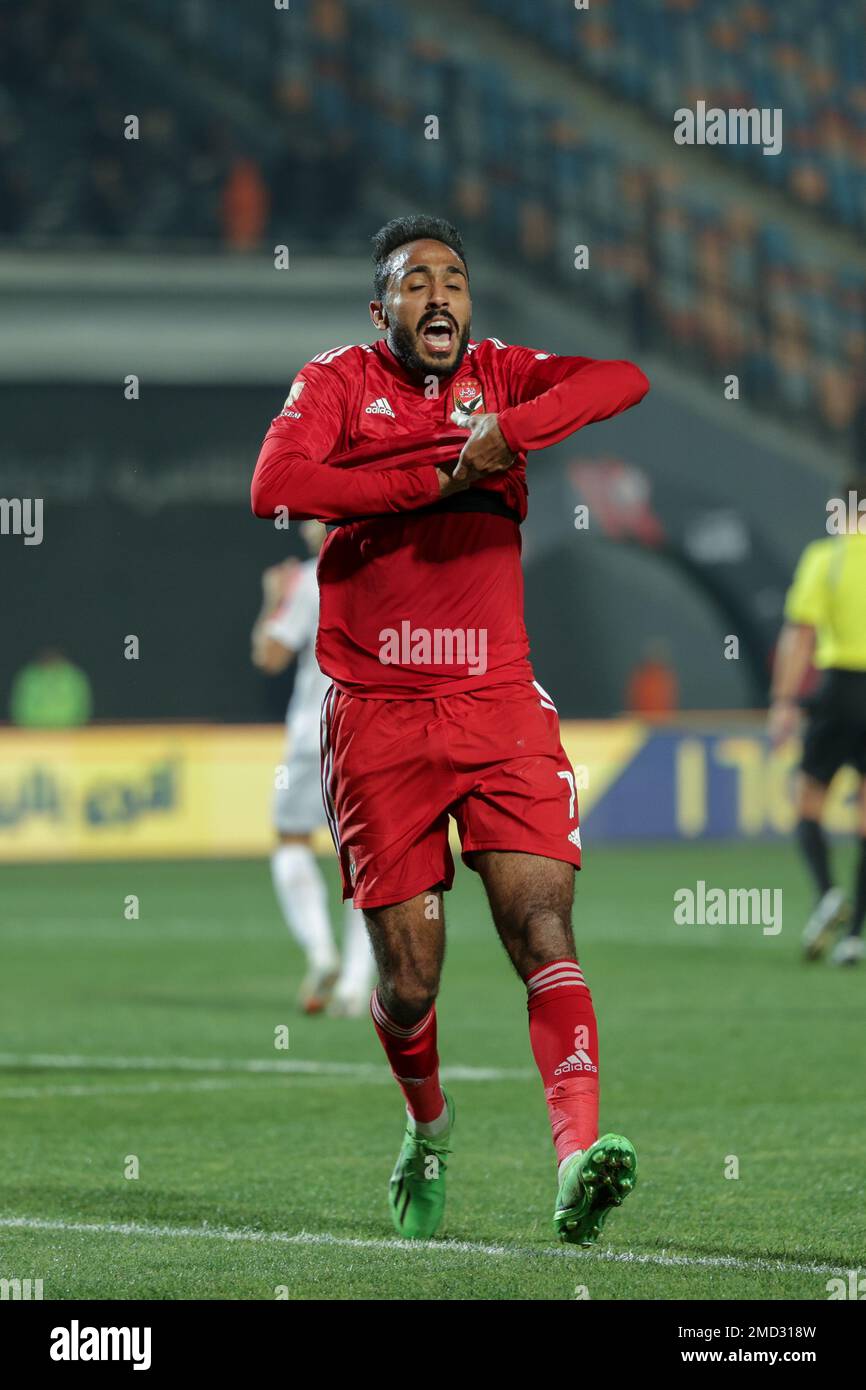 CAIRO, EGYPT - 21 JANUARY: Kahraba of Al Ahly celebrates after scoring goal during the Egyptian Premier League match between Zamalek SC and Al Ahly SC Stock Photo