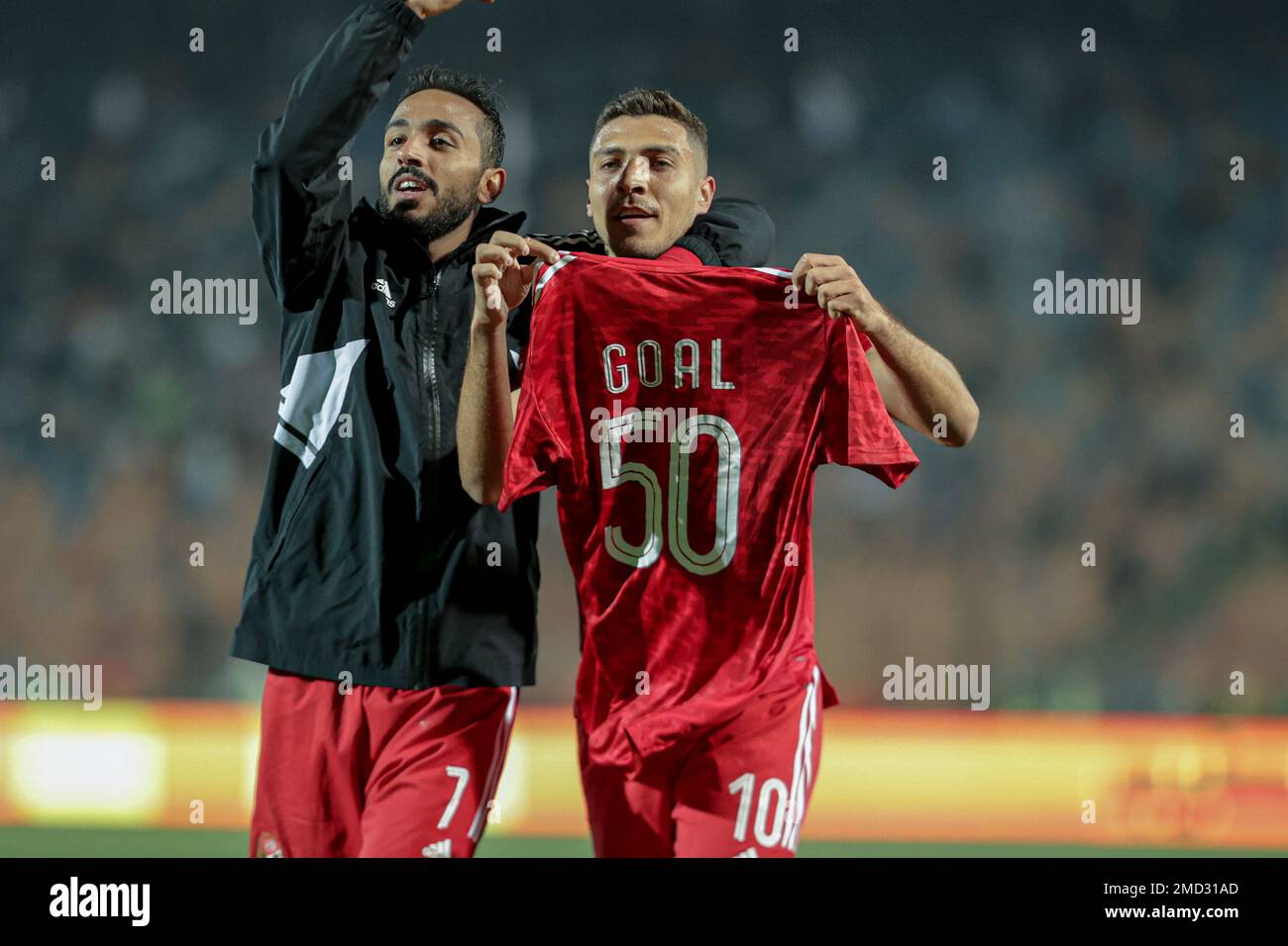 CAIRO, EGYPT - 21 JANUARY: Mohamed Sherif of Al Ahly celebrates after scoring goal during the Egyptian Premier League match between Zamalek SC and Al Stock Photo