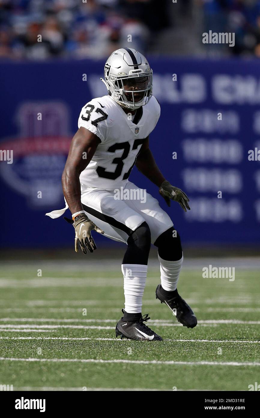 Las Vegas Raiders safety Tyree Gillespie (37) covers tight end Matt Bushman  during a drill duri …