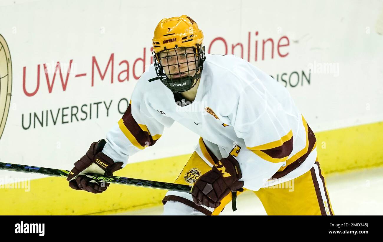Minnesotas Aaron Huglen (7) against Wisconsin during the second period of an NCAA hockey game on Friday, Nov