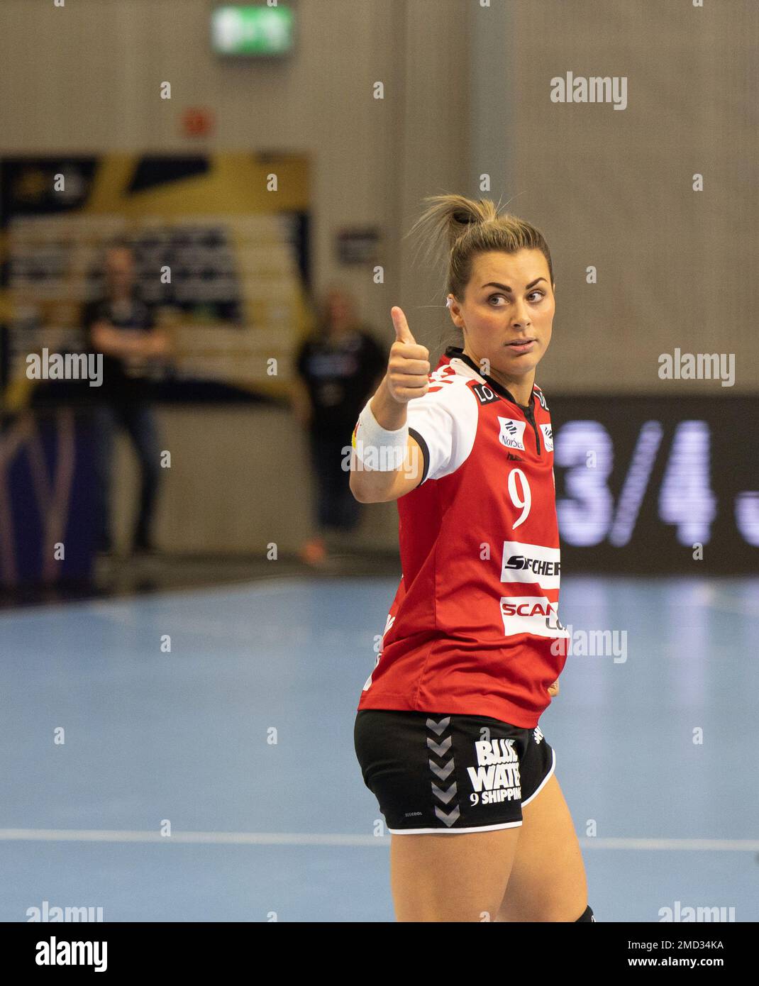 January 22, 2023, Hamar, Innlandet, Norway: Hamar, Norway, January 22nd  2023: Nora Mork (9 Team Esbjerg) give a thumbs up to her teammate during  the EHF Champions League game between Storhamar and