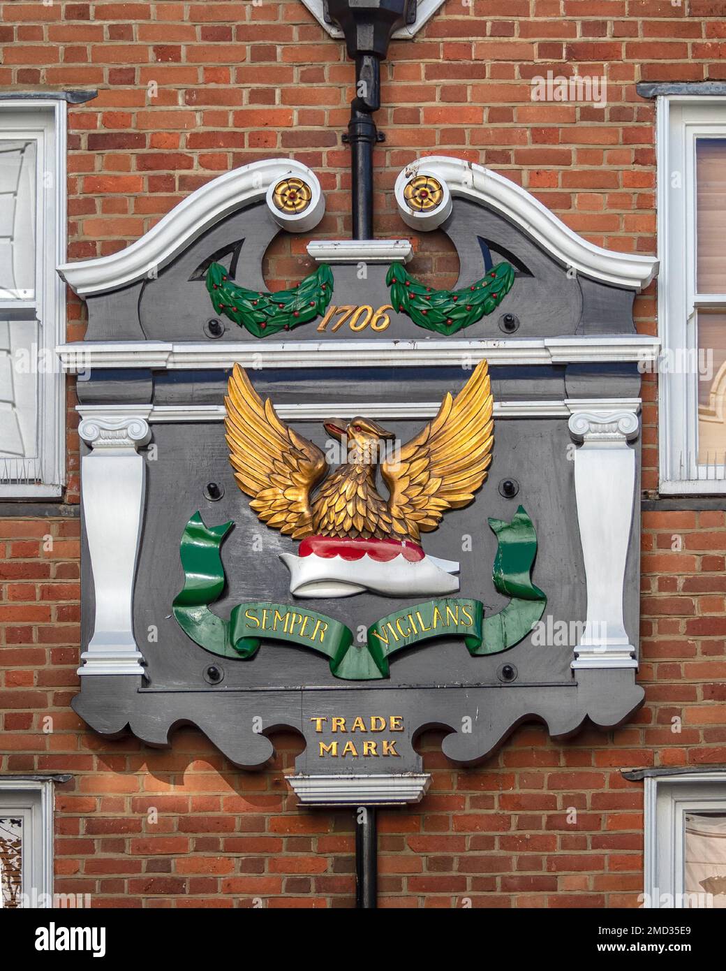ROYAL TUNBRIDGE WELLS, KENT, UK - 09.15.2019:  The restored Pantile Phoenix Crest above 39 The Pantiles Stock Photo