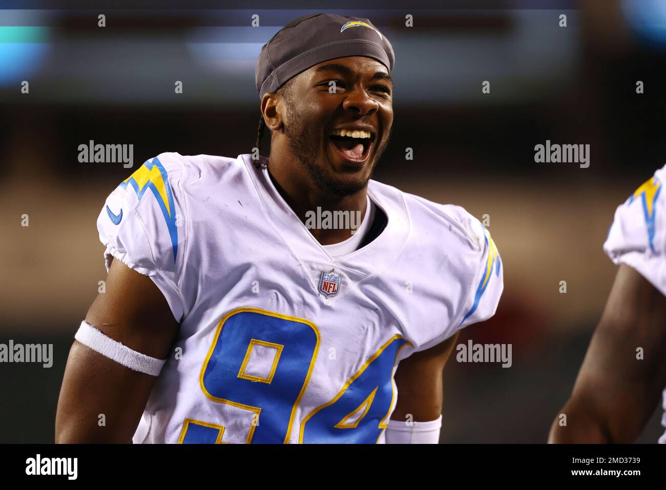 Los Angeles Chargers linebacker Chris Rumph II (94) walks off the field  after defeating the Philadelphia Eagles during an NFL football game,  Sunday, Nov. 7, 2021, in Philadelphia. (AP Photo/Rich Schultz Stock