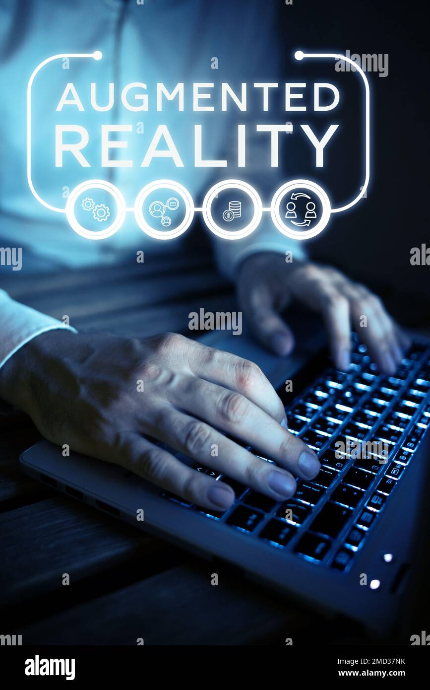 Sign displaying Augmented Reality. Business showcase technology that imposes computer image on