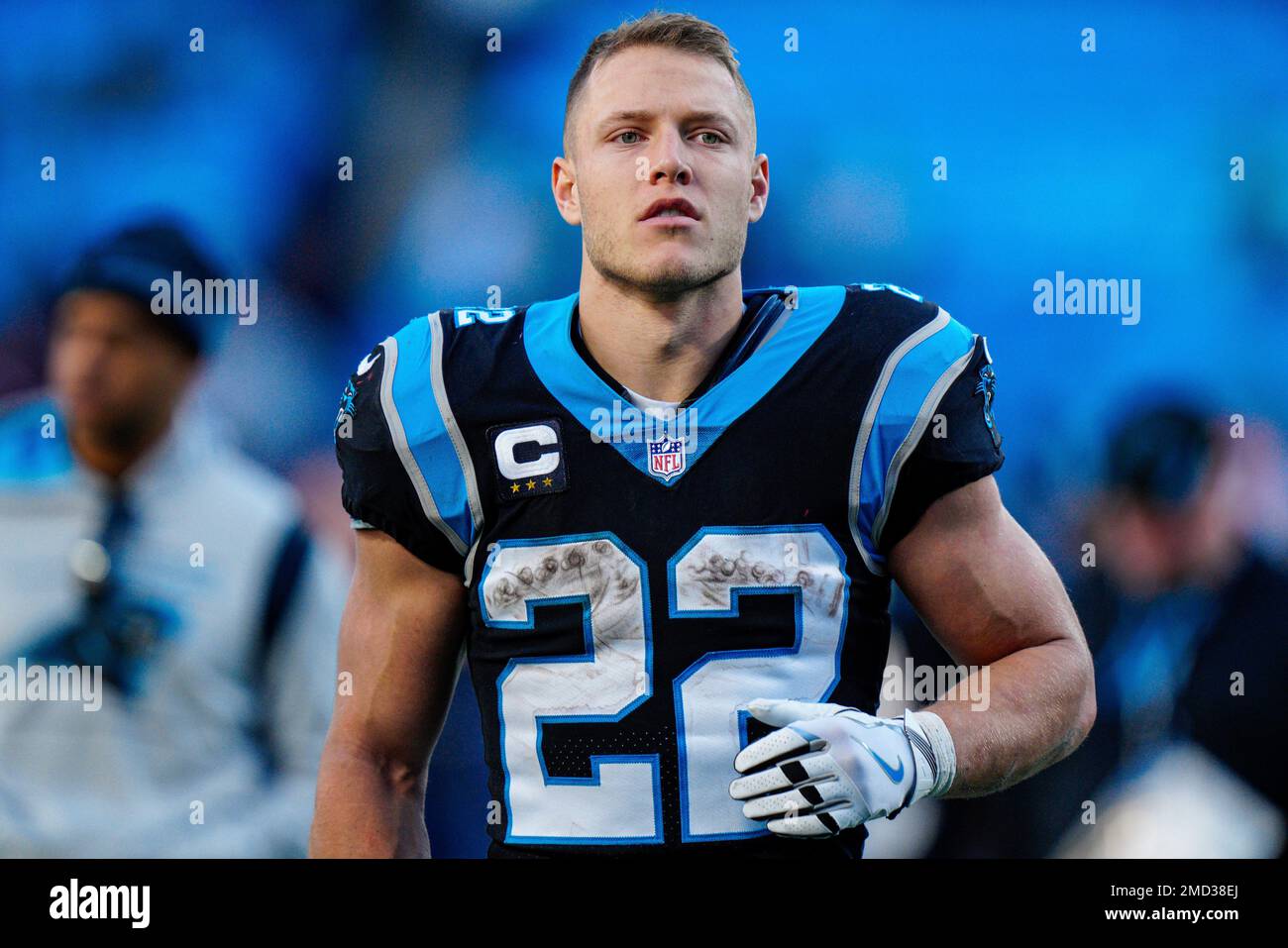 Carolina Panthers running back Christian McCaffrey walks off the field  after an NFL football game against the New England Patriots Sunday, Nov. 7,  2021, in Charlotte, N.C. (AP Photo/Jacob Kupferman Stock Photo 