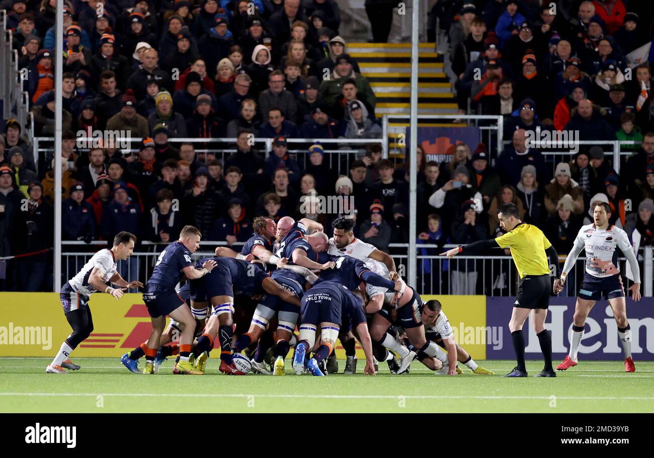 General view of a scrum during the Heineken Champions Cup match at DAM Health Stadium, Edinburgh. Picture date: Sunday January 22, 2023. Stock Photo