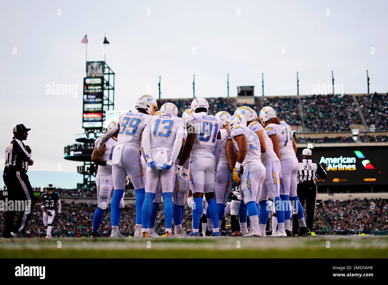 Los Angeles Chargers huddle during an NFL football game against