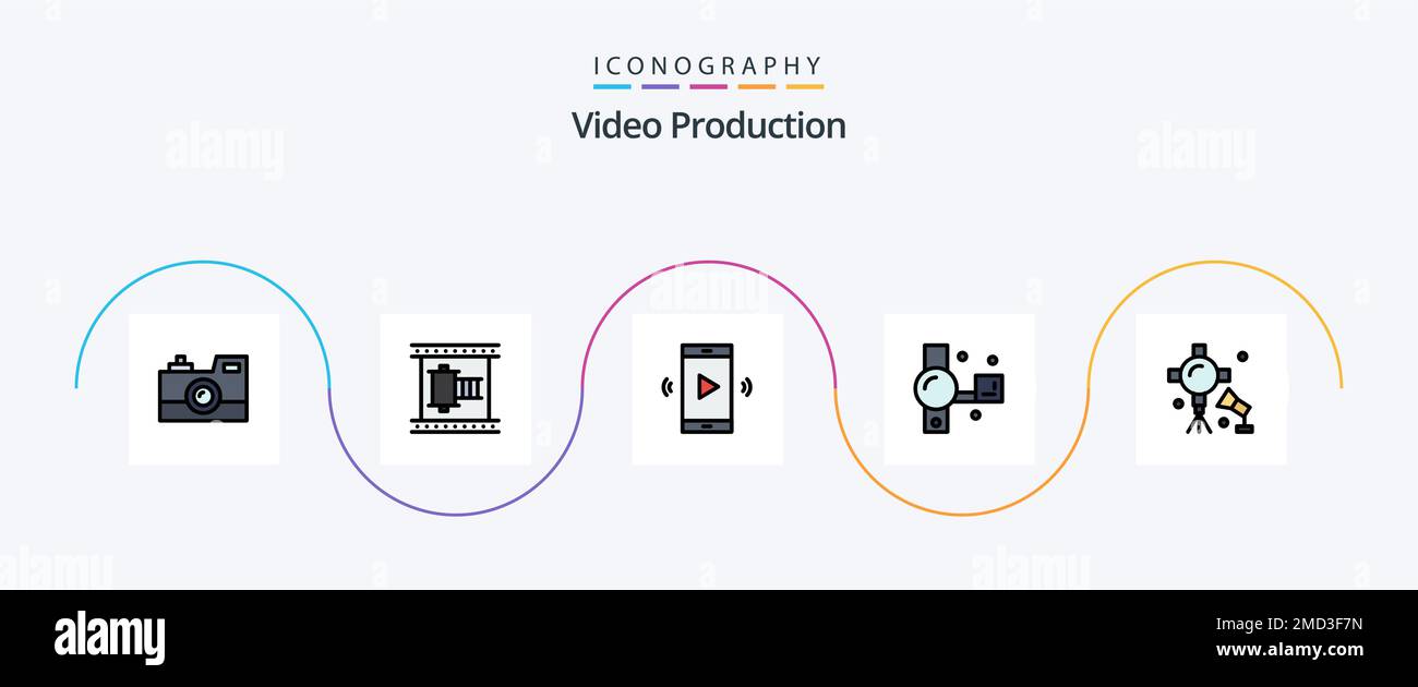 Video Production Line Filled Flat 5 Icon Pack Including handycam. camcorder. movie reel. volume. open volume Stock Vector