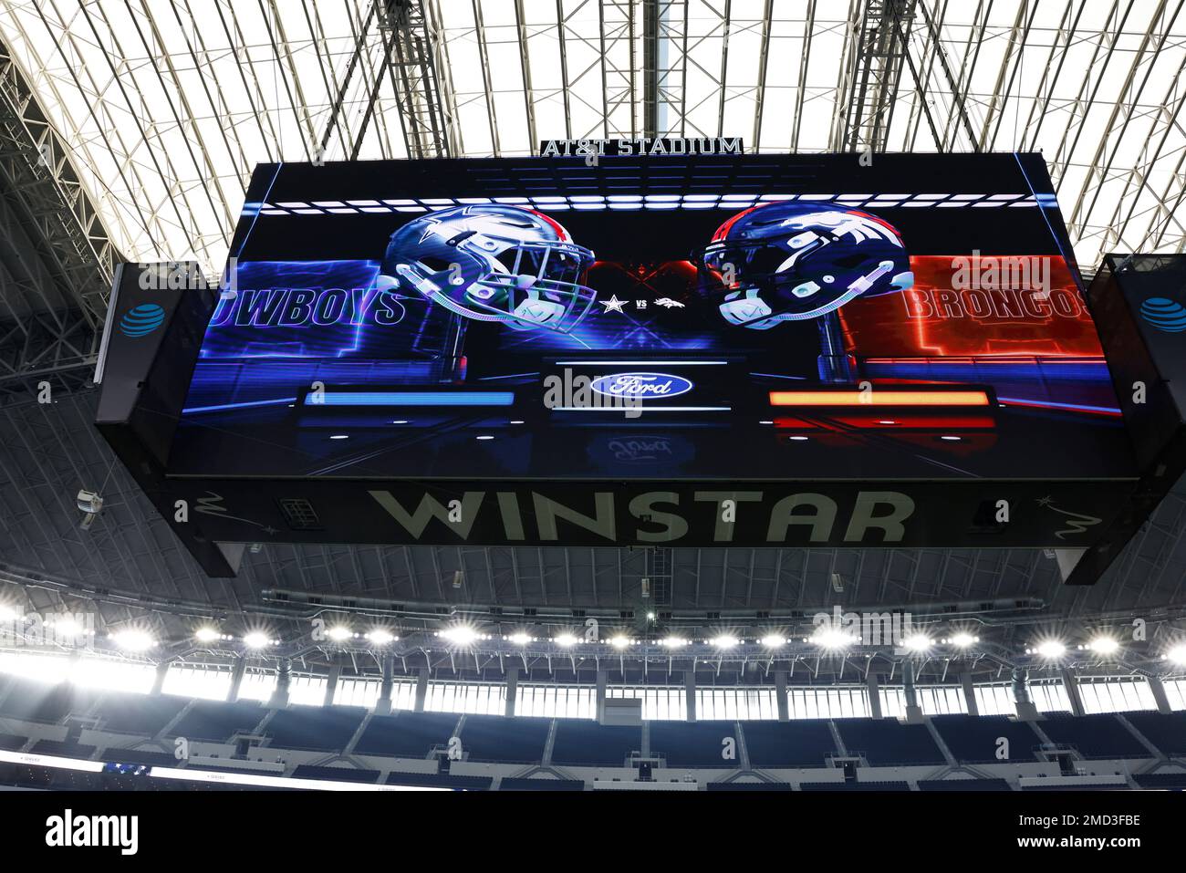 The videoboard or scoreboard at AT&T Stadium shows the matchup for an ...