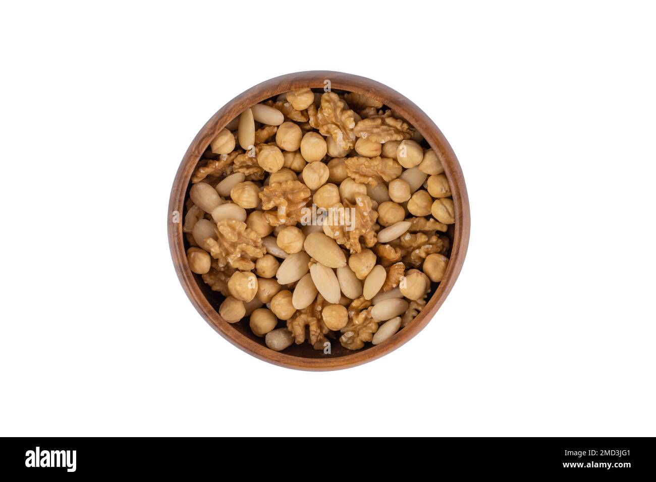 Top View Mixed Nuts On A Wooden Plate.  Mixed Nuts Oil Concept Isolated On White Background. Stock Photo