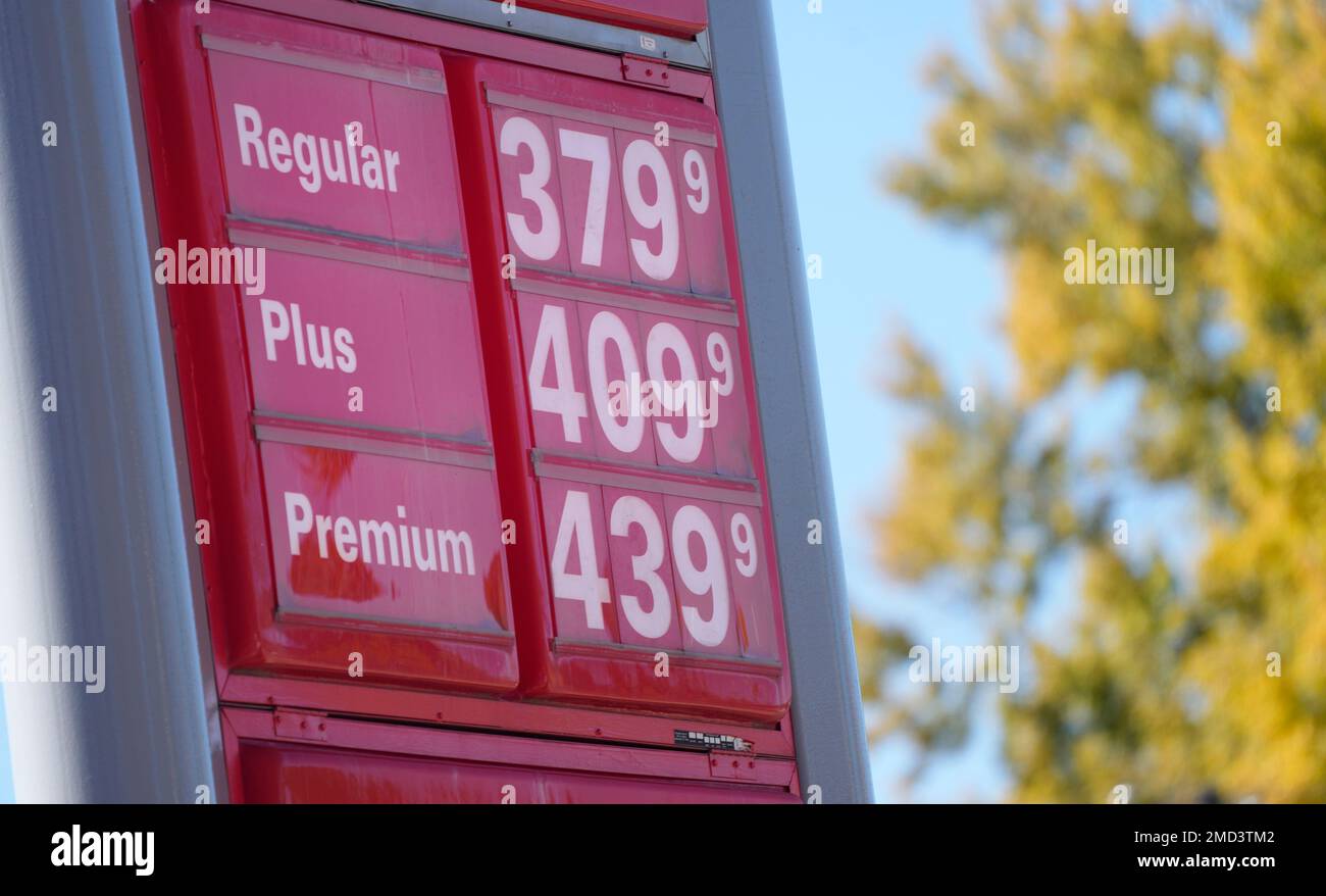 The prices for grades of gasoline are shown on a sign outside a Conoco