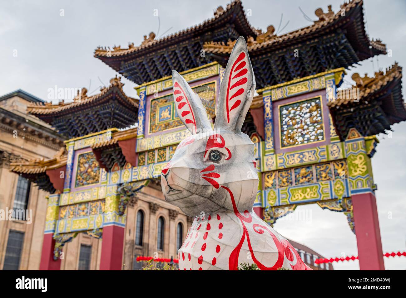 Close up of a rabbit sculpture seen under the Chinese paifang in the Chinatown district of Liverpool to mark the year of the rabbit in 2023. Stock Photo