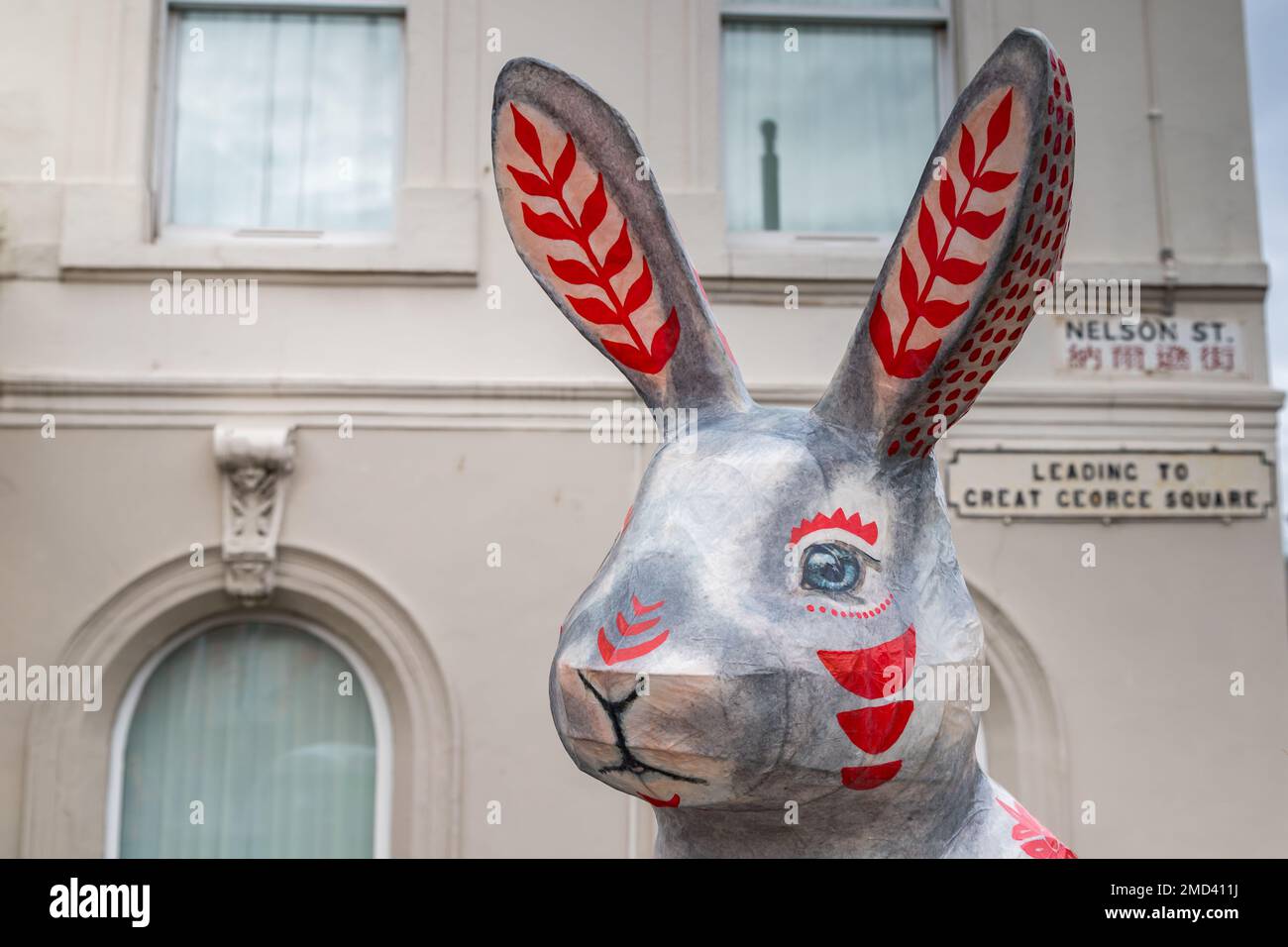 Close up of a pretty rabbit sculpture seen in the Chinatown district of Liverpool during Chinese New Year celebrations in January 2023 marking the yea Stock Photo