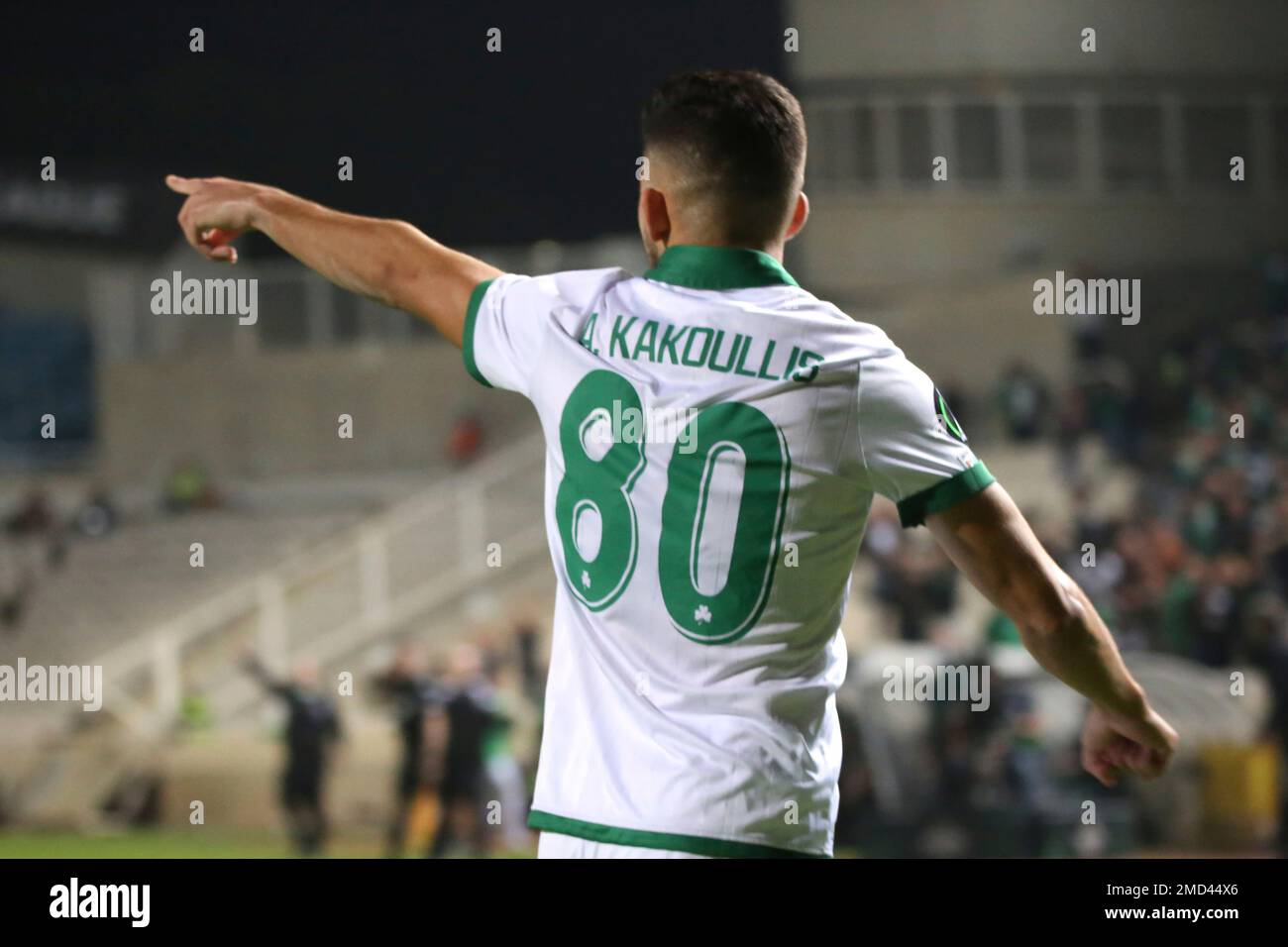 Omonia's Andronikos Kakoullis celebrates his goal against Basel during the  Europa Conference League group H soccer match between Omonia and Basel at  GSP stadium in Nicosia, Cyprus, Thursday, Nov. 4, 2021. (AP