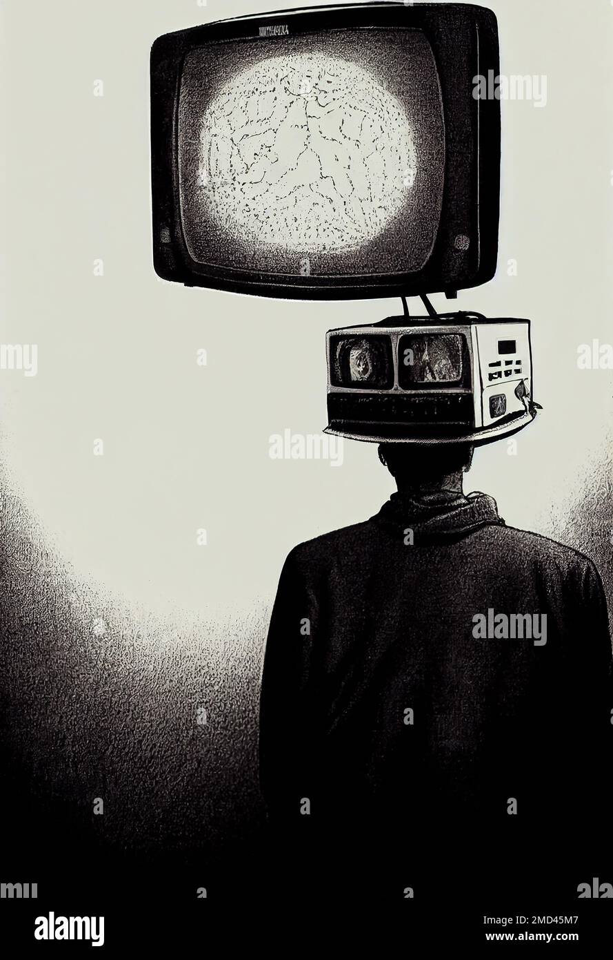 Black and white illustration of man with tv head Stock Photo