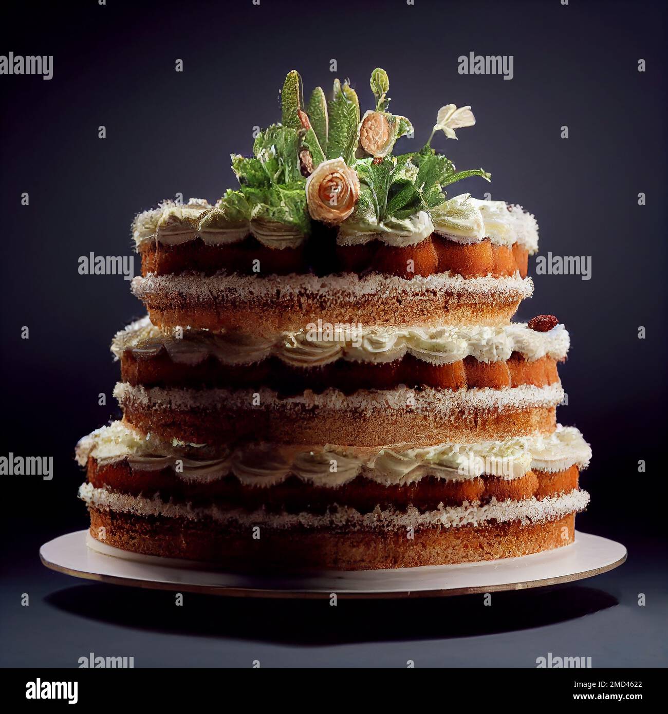 Beautiful tiered cake decorated with flowers Stock Photo