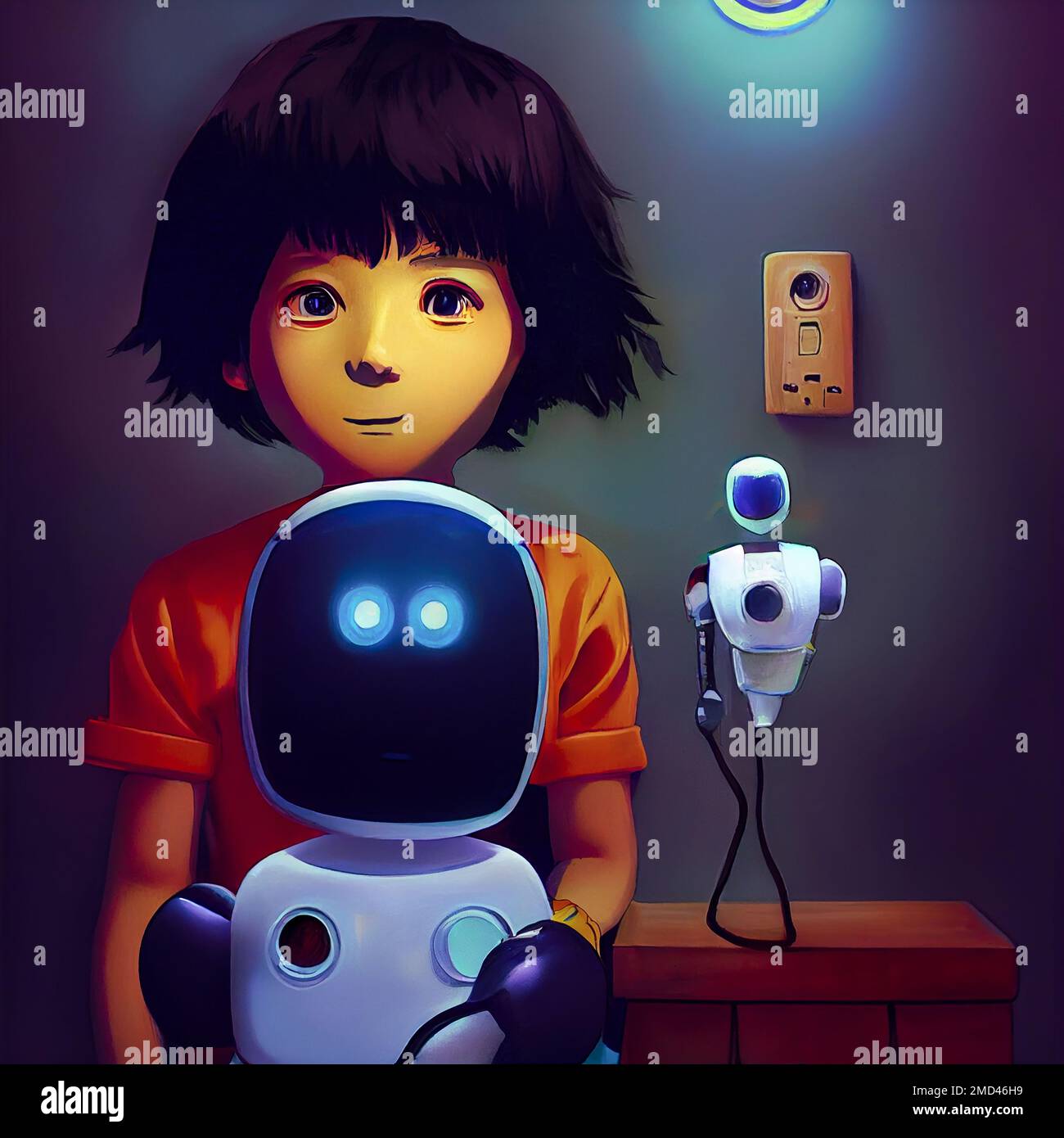 illustration of a kid with futuristic robot Stock Photo
