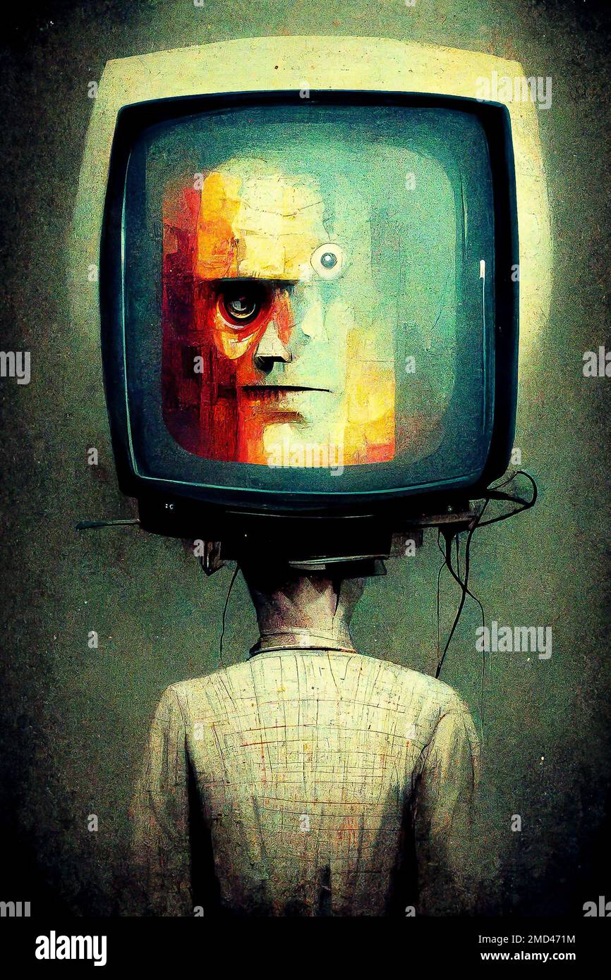 Man with tv head. Media manipulation concept Stock Photo