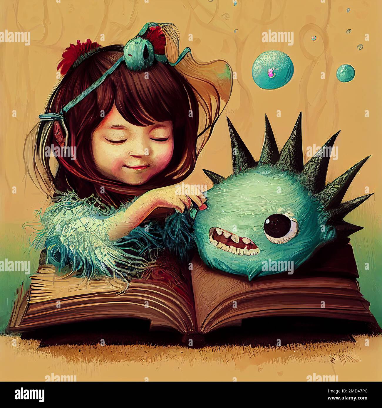 Book, Little girl and cute monster Stock Photo