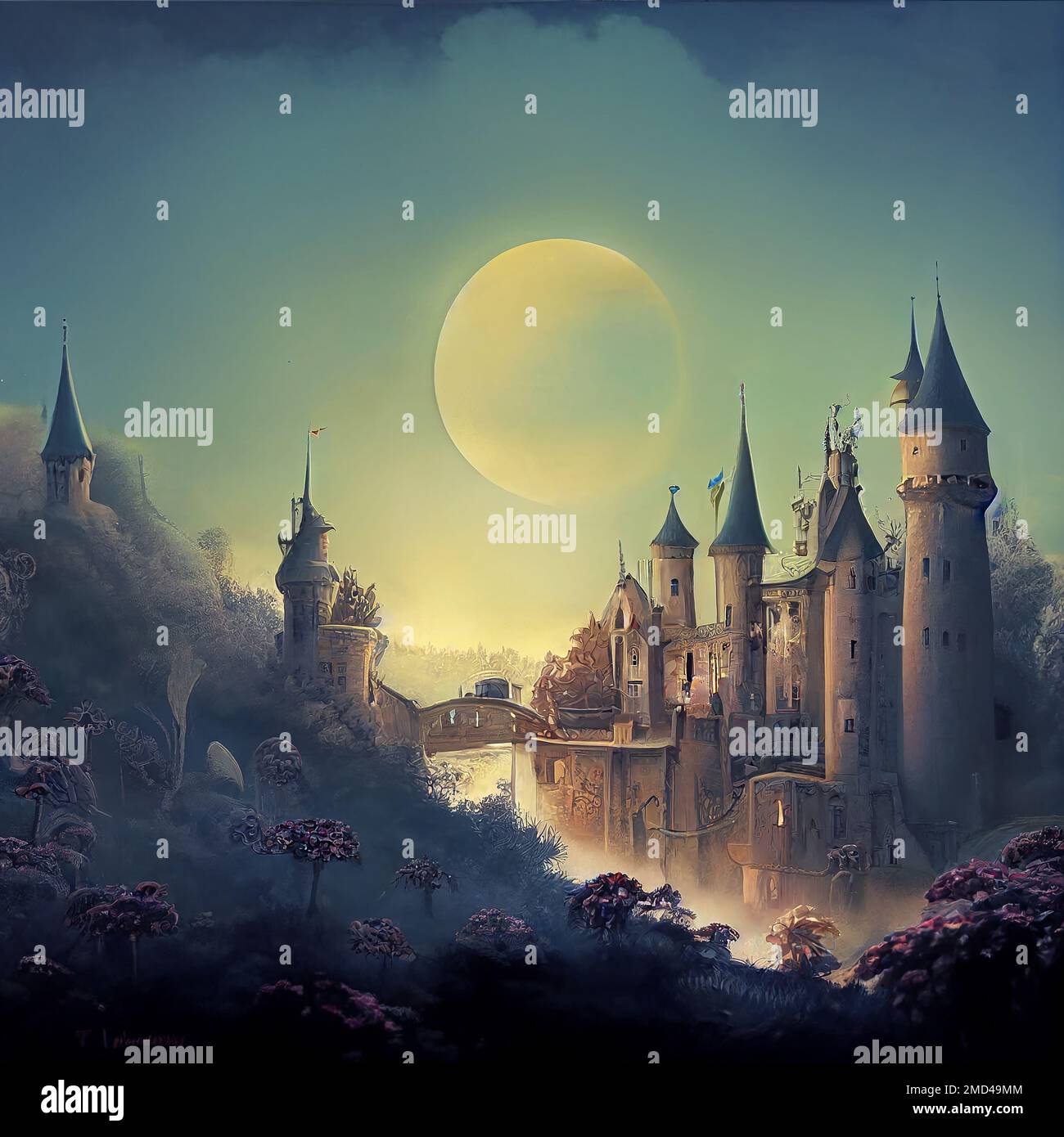 Fairytale castles and a full moon on a magical landscape. Dreamy background Stock Photo