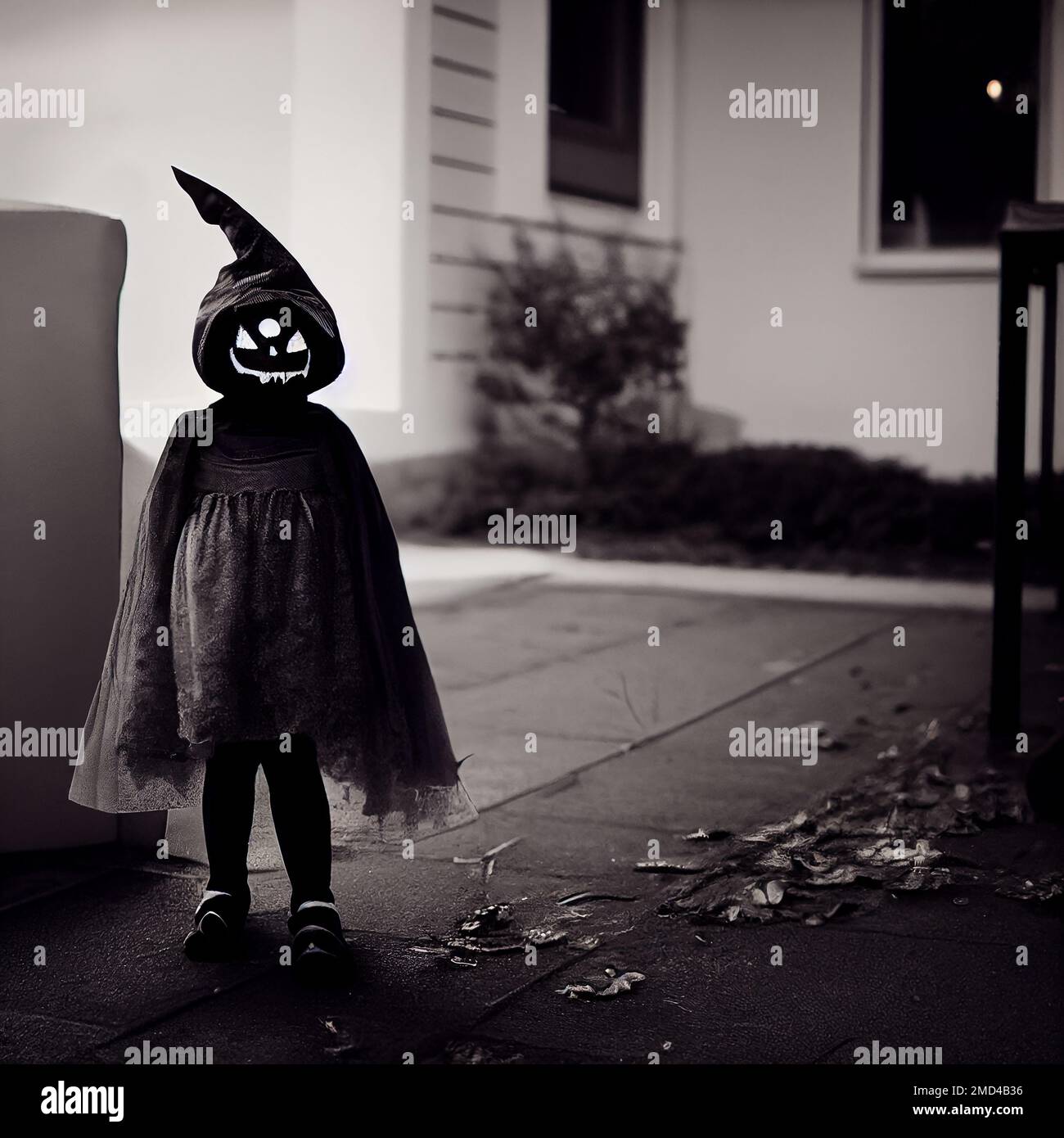 Kid in halloween costume. Black and White Stock Photo