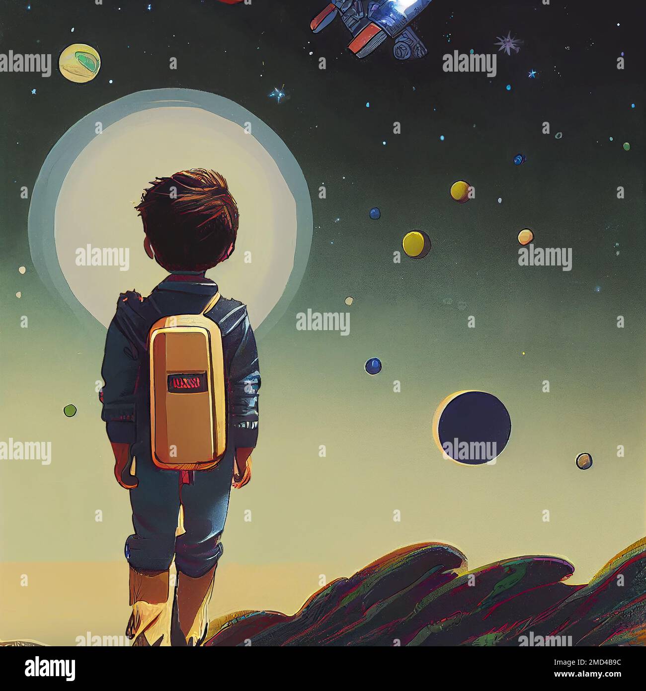 Kid with a jetpack looking at the moon Stock Photo