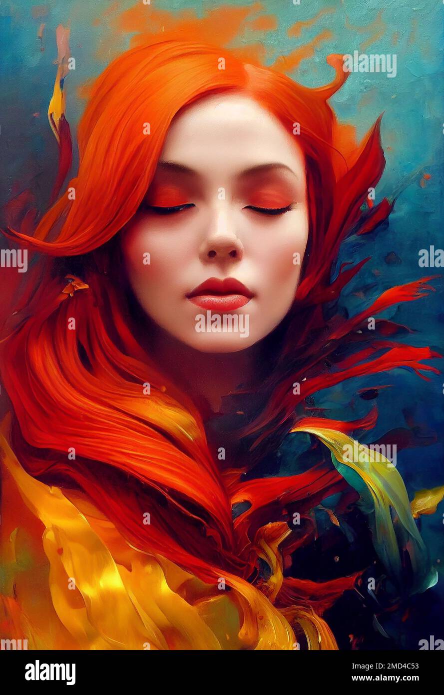 Portrait of a beautiful woman wiht colorful oil painting hair Stock Photo