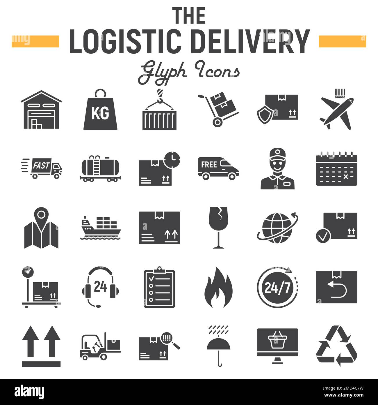 Logistic glyph icon set, Delivery symbols collection, vector sketches, logo illustrations, shipping signs solid pictograms package isolated on white background, eps 10. Stock Vector