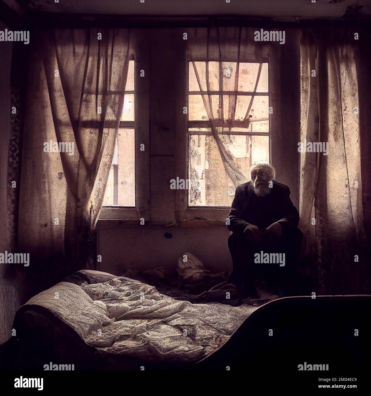 Very old man sitting in a abandoned bedroom Stock Photo