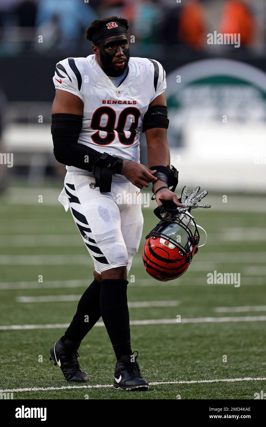 Cincinnati Bengals defensive end Khalid Kareem (90) runs off the field  after an NFL football game against the New York Jets, Sunday, Oct. 31,  2021, in East Rutherford, N.J. (AP Photo/Adam Hunger