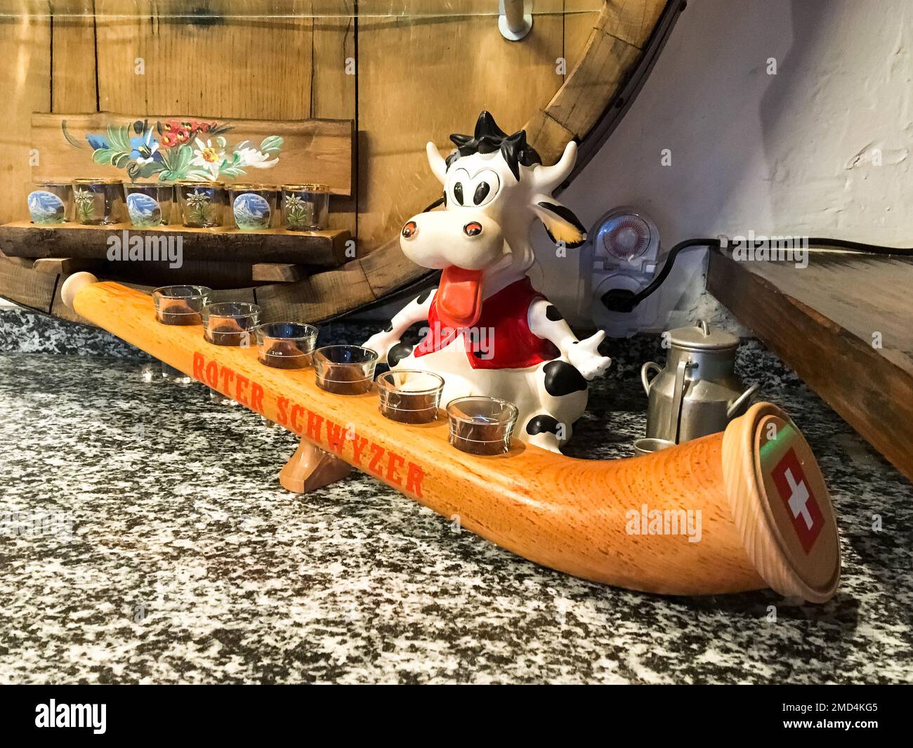 Zermatt, Switzerland - September 16, 2018: tourist gadget with cow and Swiss flag Stock Photo