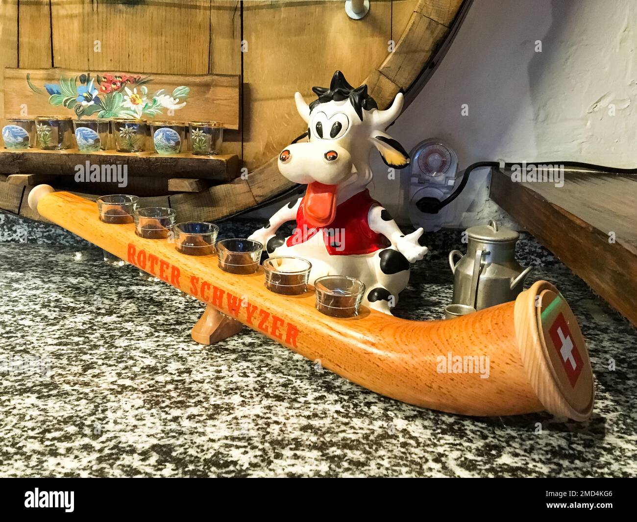 Zermatt, Switzerland - September 16, 2018: tourist gadget with cow and Swiss flag Stock Photo