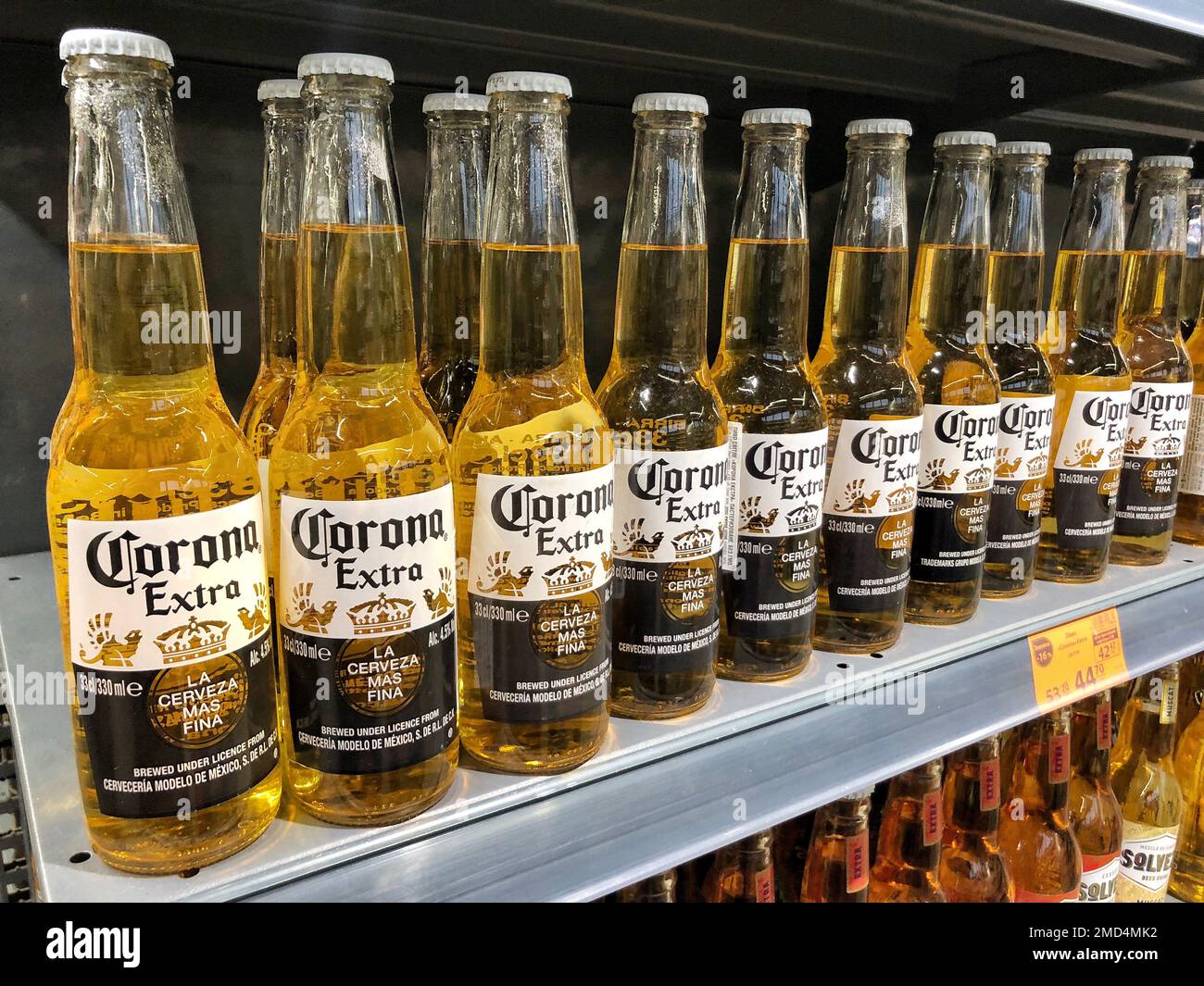 22.01.2023 Ukraine, Kharkiv, a shelf in a supermarket with beer from