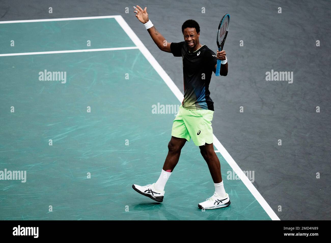 Frances Gael Monfils celebrates after winning a point during his match against Serbias Miomir Kecmanovic at the Paris Masters tennis tournament at the Bercy Arena in Paris, Tuesday, Nov