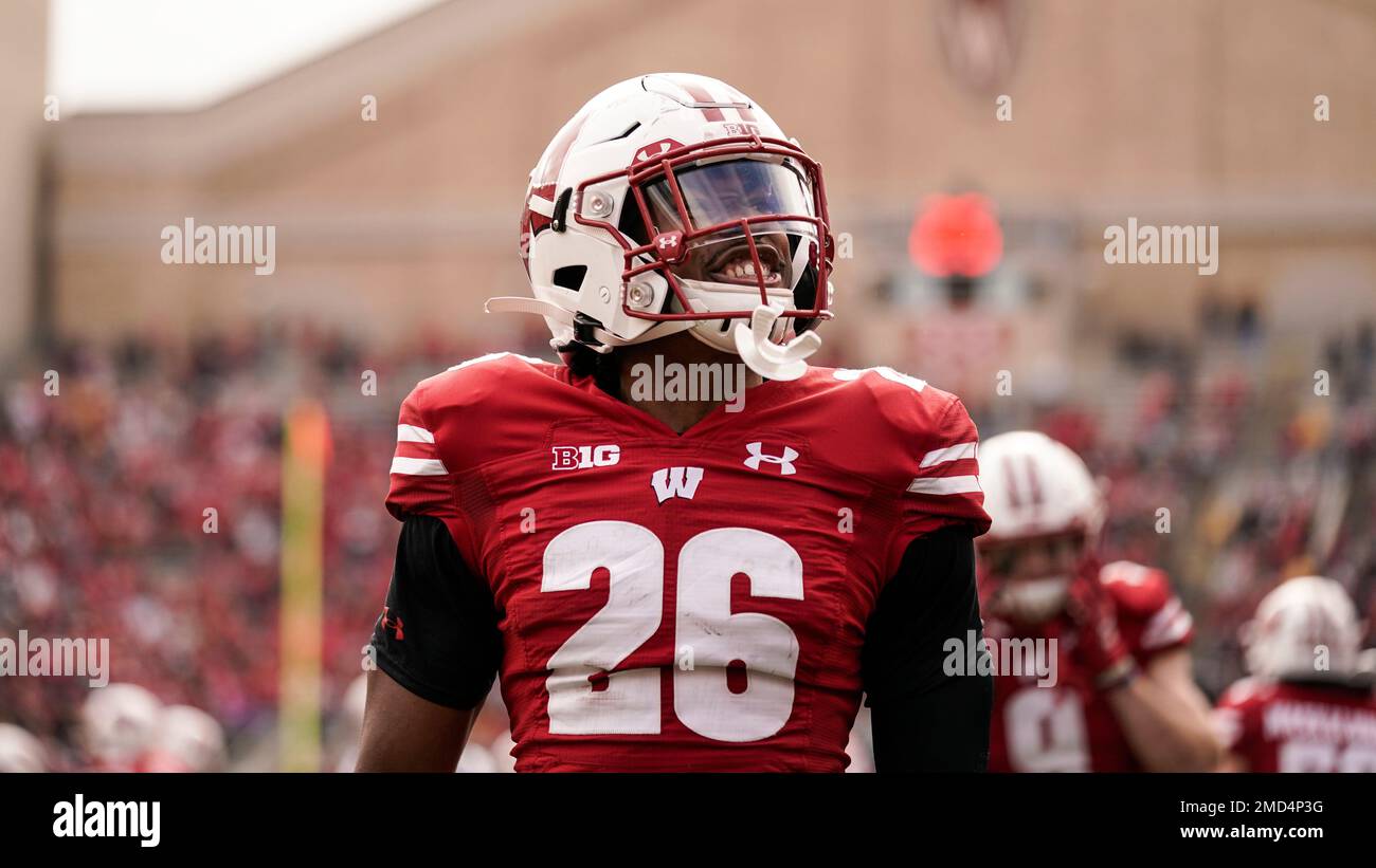 Wisconsin safety Travian Blaylock (26) during the first half of an NCAA college football game against Iowa Saturday, Oct. 30, 2021, in Madison, Wis. (AP Photo/Andy Manis Stock - Alamy