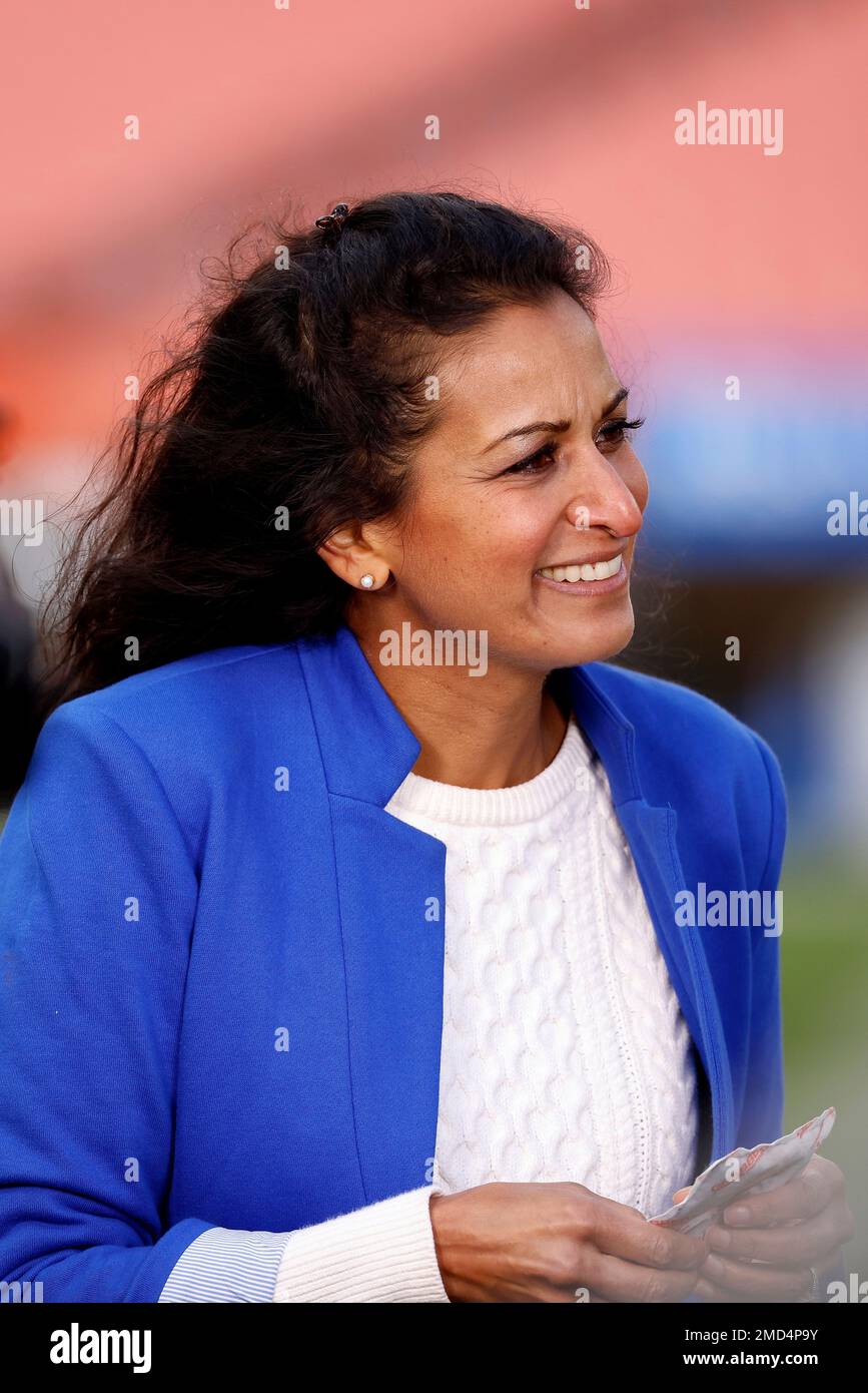 NFL Network reporter Aditi Kinkhabwala stands on the field prior to the  start of an NFL football game between the Cleveland Browns and the  Pittsburgh Steelers, Sunday, Oct. 31, 2021, in Cleveland. (