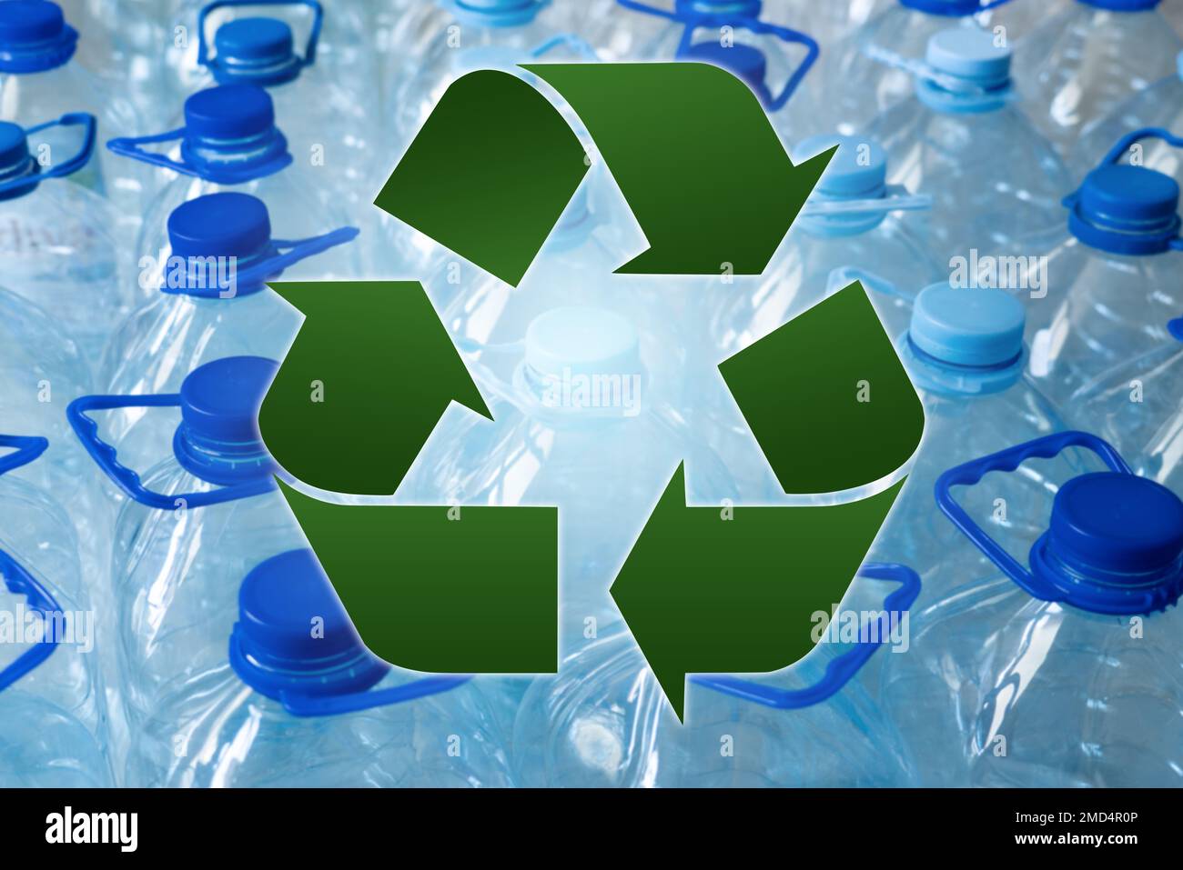 Recycle symbol on a background of plastic bottles Stock Photo