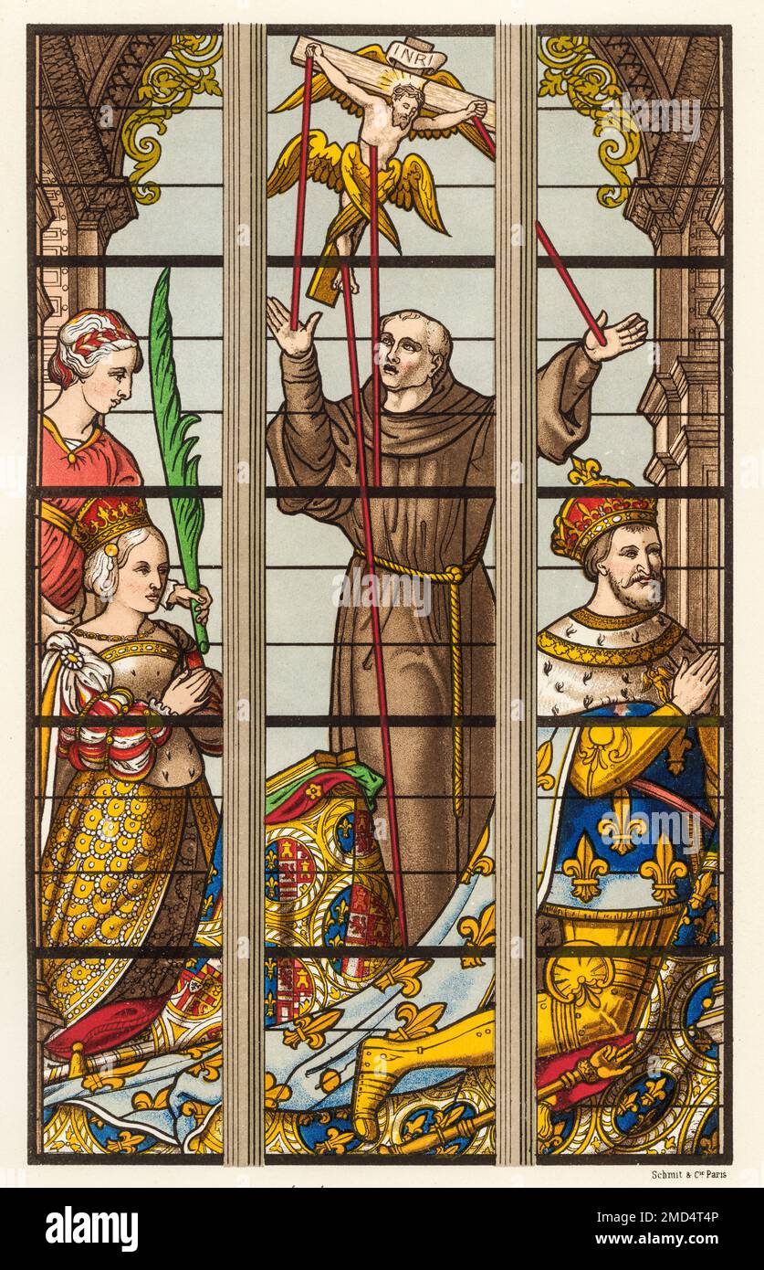 King Francis I and his wife Eleanor of Austria in Prayers. Stained glass window, Saint-Michel and Saint-Gudule Gothic cathedral, Brussels XVI. Belgium. The Arts of the Middle Ages and at the Period of the Renaissance by Paul Lacroix, 1874 Stock Photo