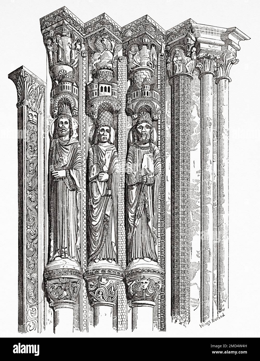 Statues of the south portico of Burgos Cathedral, 12th century. The Arts of the Middle Ages and at the Period of the Renaissance by Paul Lacroix, 1874 Stock Photo