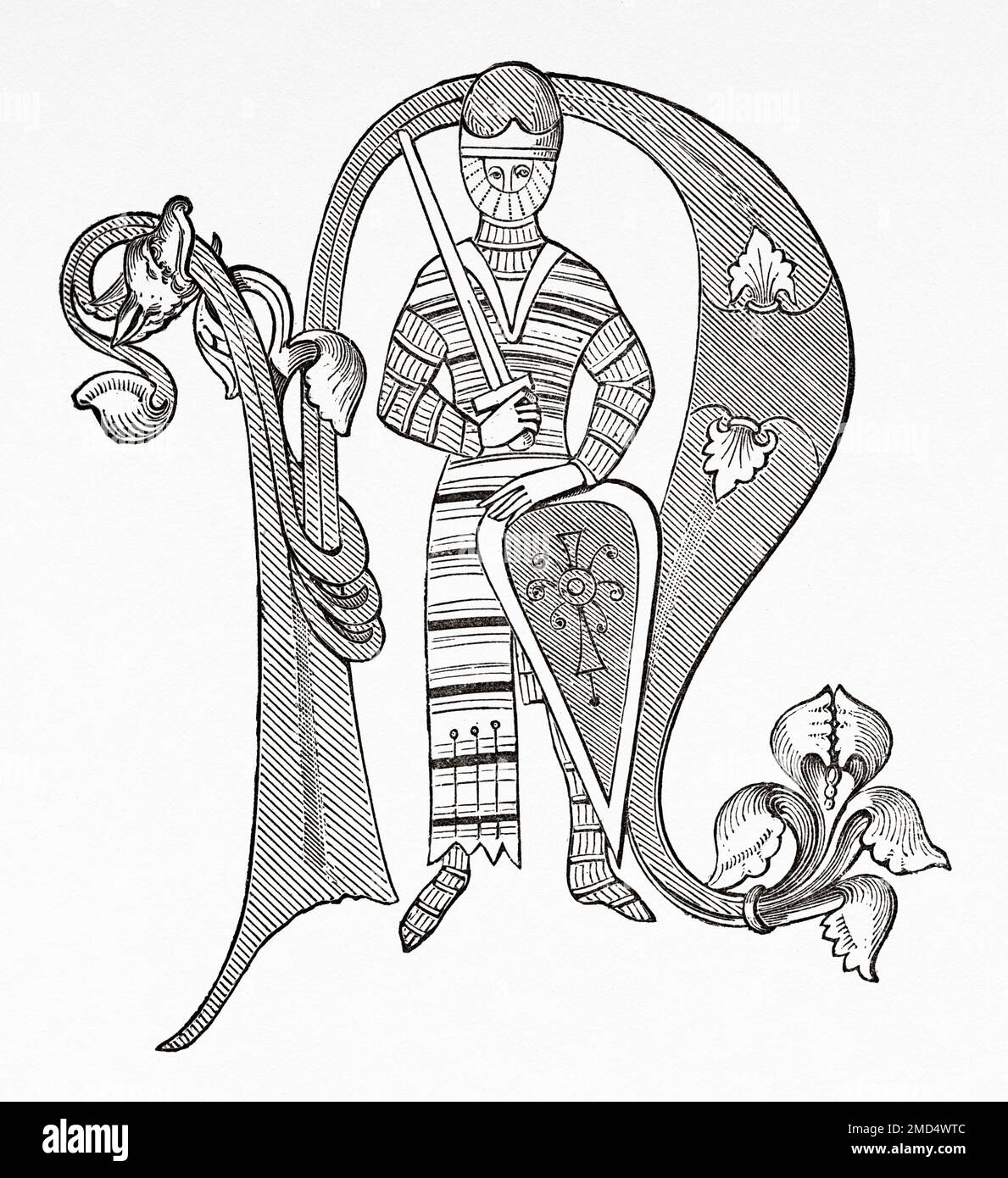 Middle ages initial capital letter N, depicting a knight. The Arts of the Middle Ages and at the Period of the Renaissance by Paul Lacroix, 1874 Stock Photo