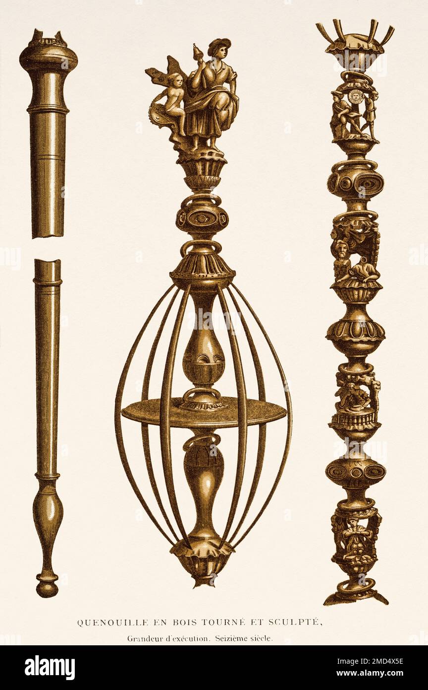 Turned and carved wooden spinning wheel from the 16th century. The Arts of the Middle Ages and