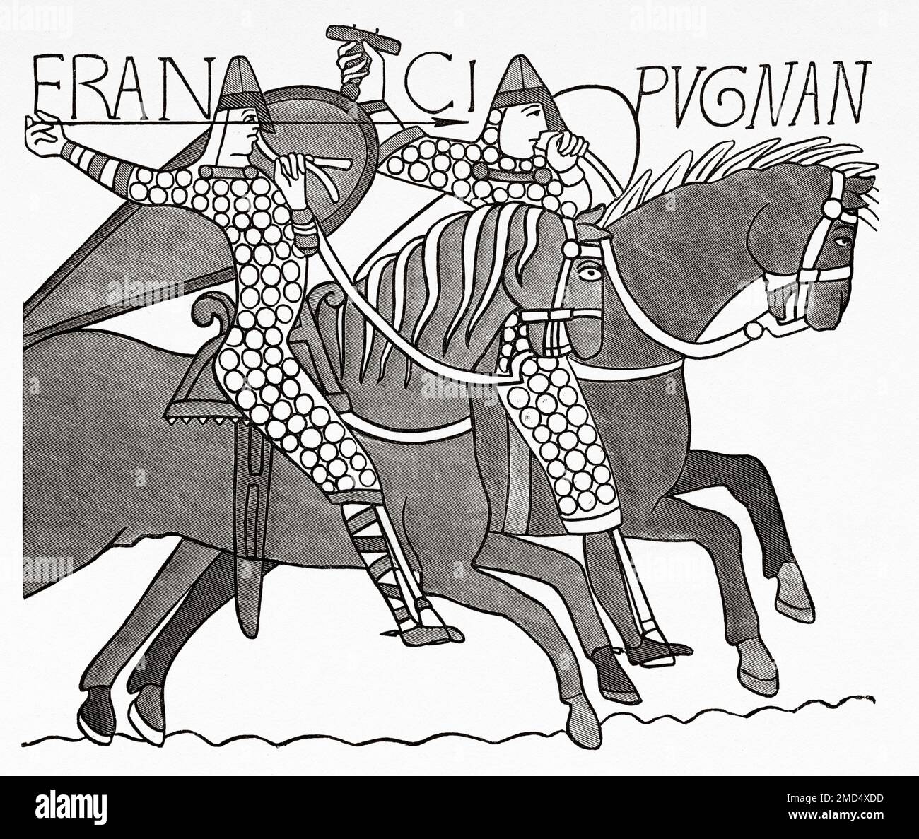 Norman knights. The Bayeux Tapestry, which represents two horsemen of the army of Duke Guillaume, 1070. The Arts of the Middle Ages and at the Period of the Renaissance by Paul Lacroix, 1874 Stock Photo
